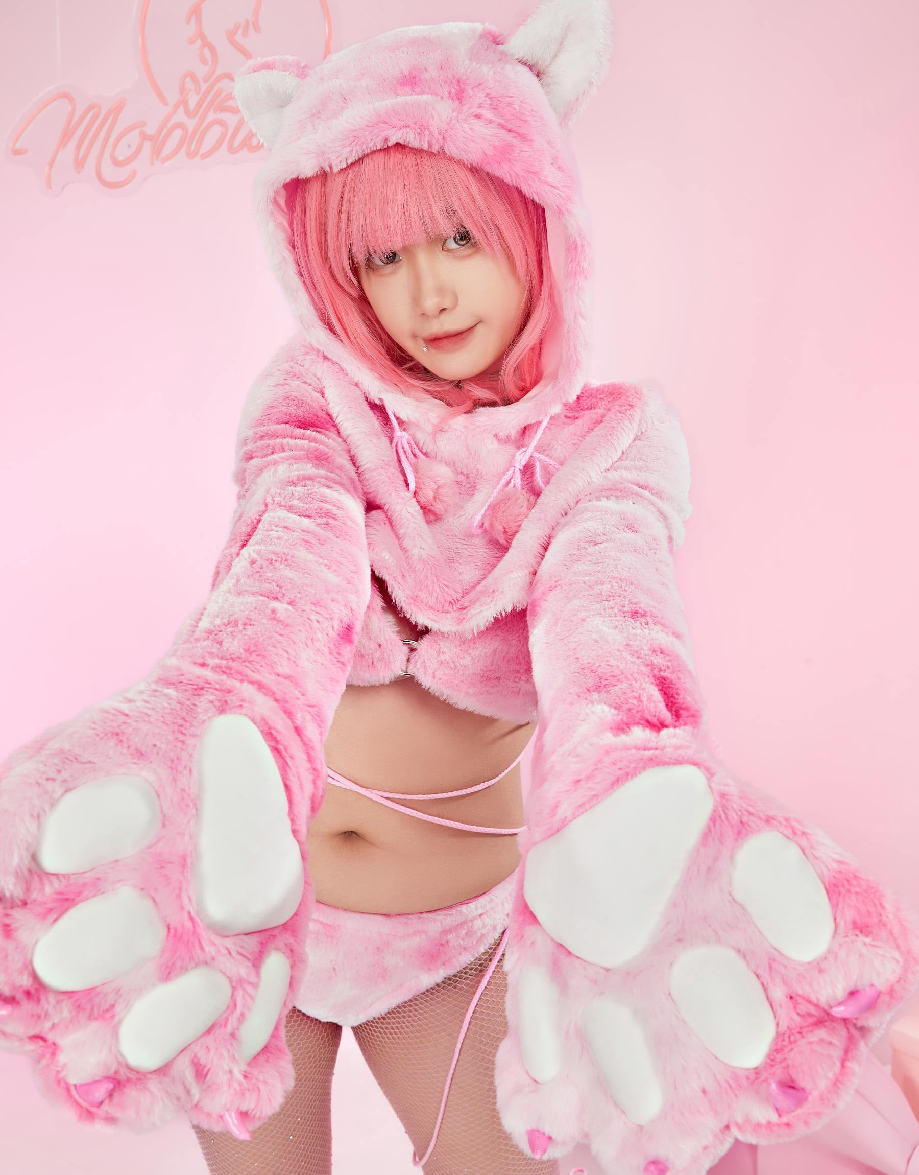Mobbunny Women Cosplay Pajamas Set Pink Furry Hoodie Top Panty with Cat Paw Claws Sleeves Homewear: Small Pink
