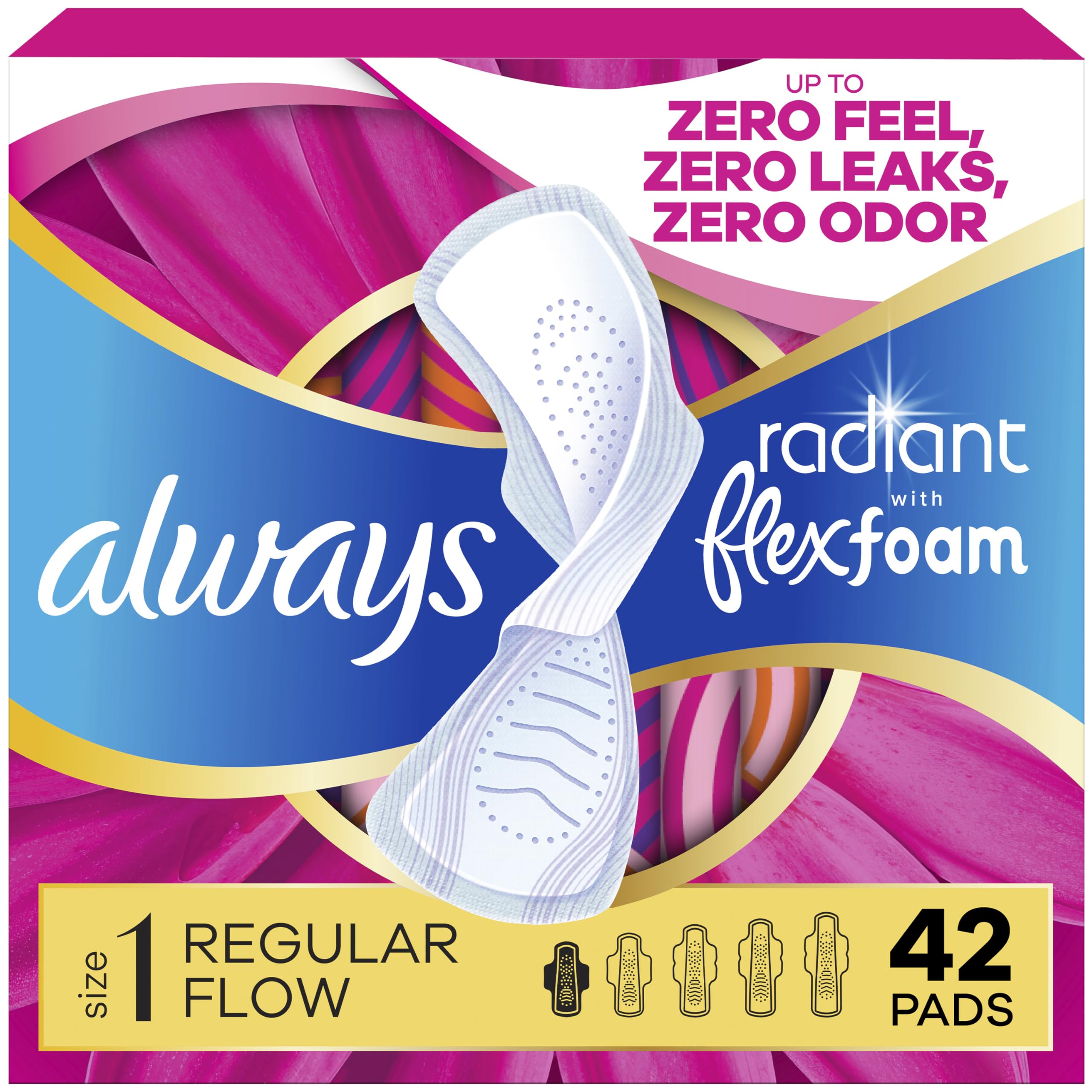 Always Radiant FlexFoam Pads For Women, Size 1 - Heavy w/Wings, Light- Clean Scent, 42 Count