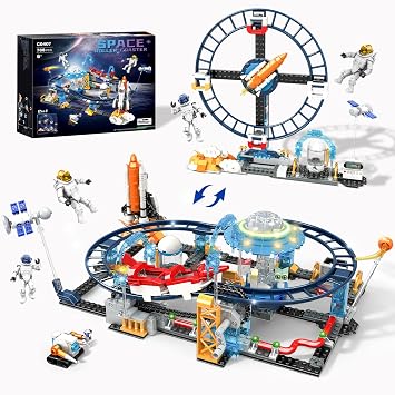 2 in 1 Space Roller Coaster Building Set, UFO Satellite Capsule Buildable Coaster Toy, Creative STEM Construction Kit, Gift for Boys Girls Kids Ages 6+