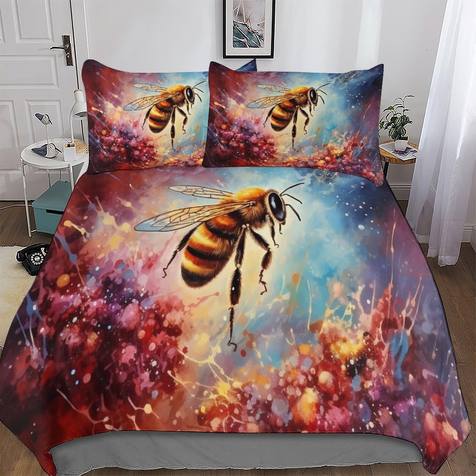 Parure de lit Abeille 3 pièces avec housse de couette king 220x240cm et taies d'oreiller en microfibre
