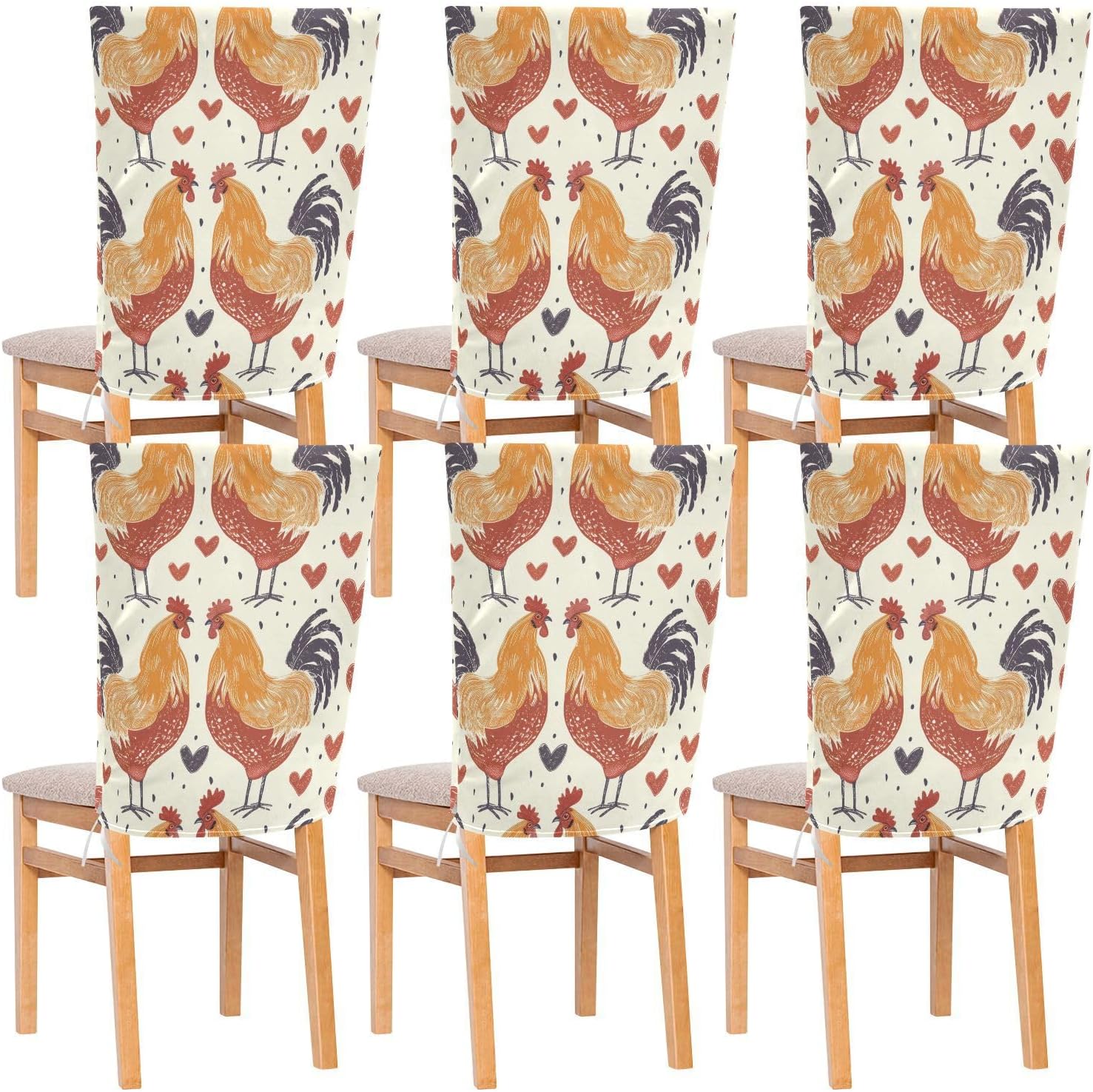 ALAZA Romantic Rooster Hearts Chair Back Cover Set of 6, Washable Reusable Removable Chair Slipcovers Decorative Chair Cover for Home Kitchen Wedding Party