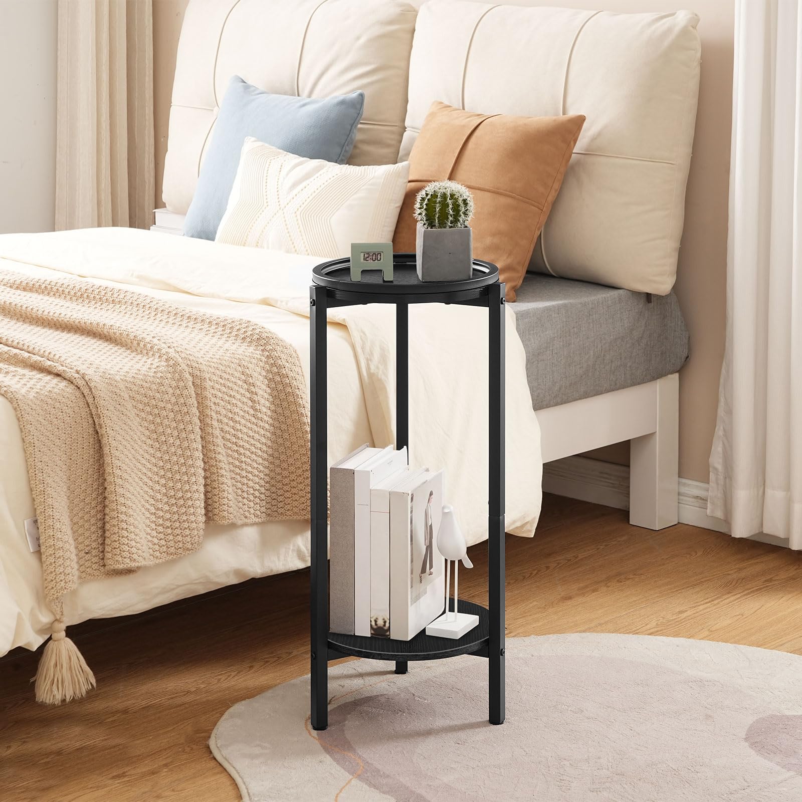 HOOBRO Tavolino Rotondo a 2 Livelli, Tavolino da Divano, Tavolino da Caffè, Tavolino per Bevande, Ideale per Piccoli Spazi, Soggiorno, Camera da Letto, Ingresso, Nero EBB167BZ01