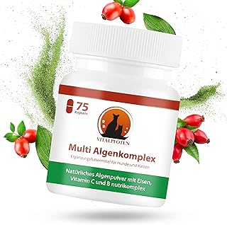 Vitalpfoten 75 Multi Algenkomplex Kapseln für Hunde und Katzen mit Chlorella, Spirulina, Grünlippmuschel, Eisen, Vitamin C & Vitamin B nutrikomplex - Energie & Nerven - Vitamin-B und Eisentabletten product image