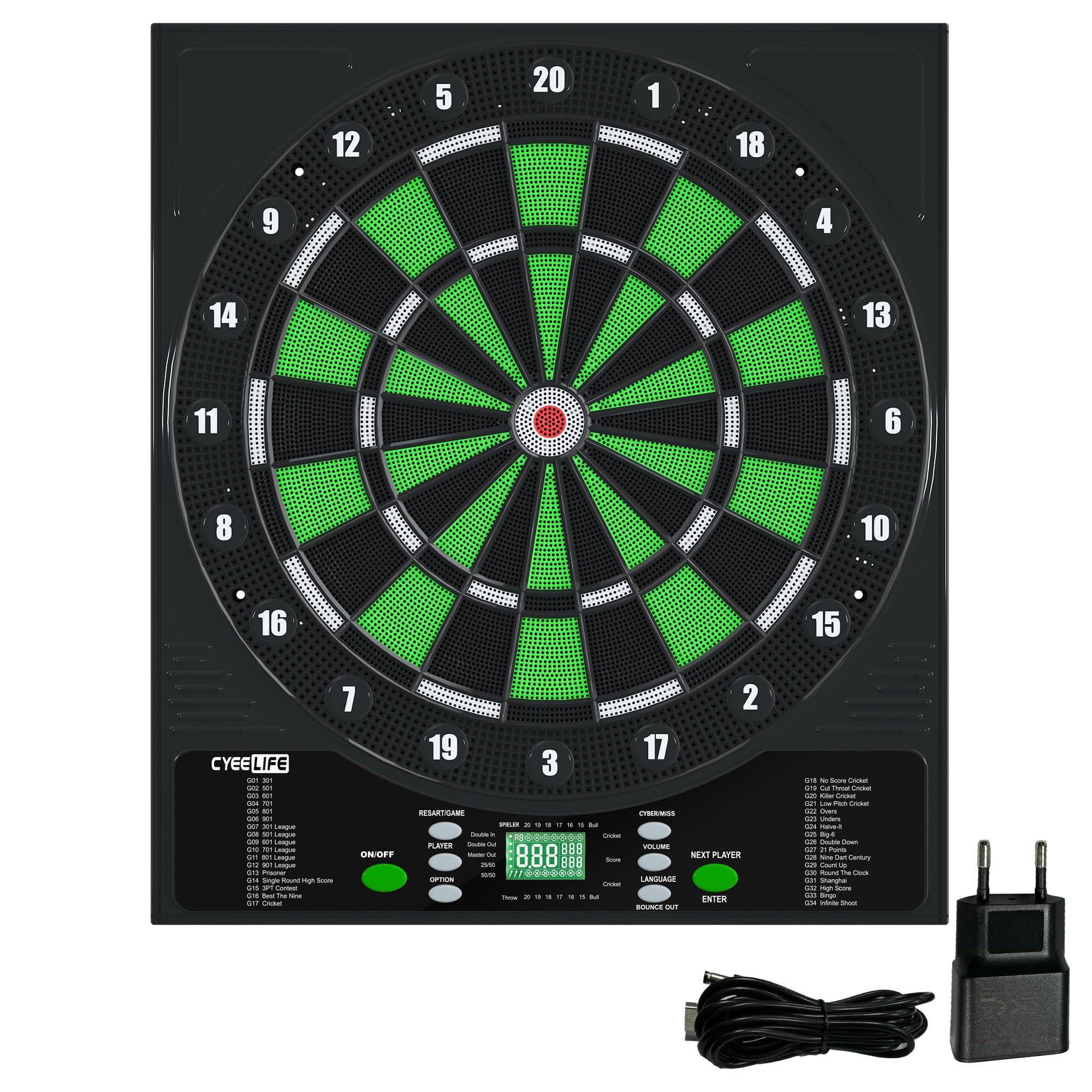 CyeeLife Electronic Dartboard with German Voice, Innovative Dart Machine with 34 Games and 355 Variations, 8 Volume Levels, Includes Silence, Electronic Dartboard for 1-8 Players
