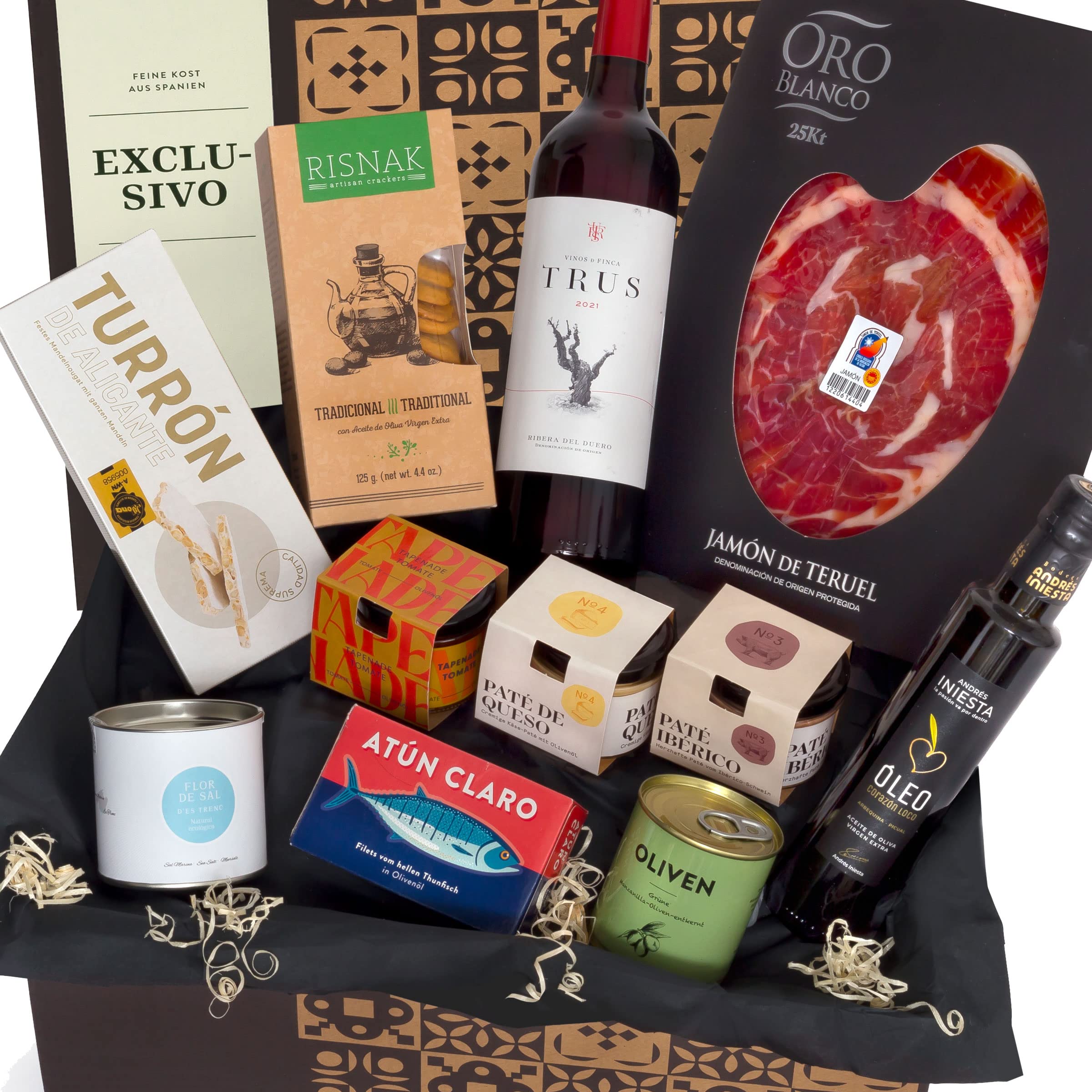 jamon.de Präsentkorb EXCLUSIVO, edle Feinkost im Geschenkkorb | Handgeschnittener Teruel-Schinken, edle Patés, Olivenöl, Flor de Sal, Thunfisch und Rotwein, Geschenk für Feinschmecker