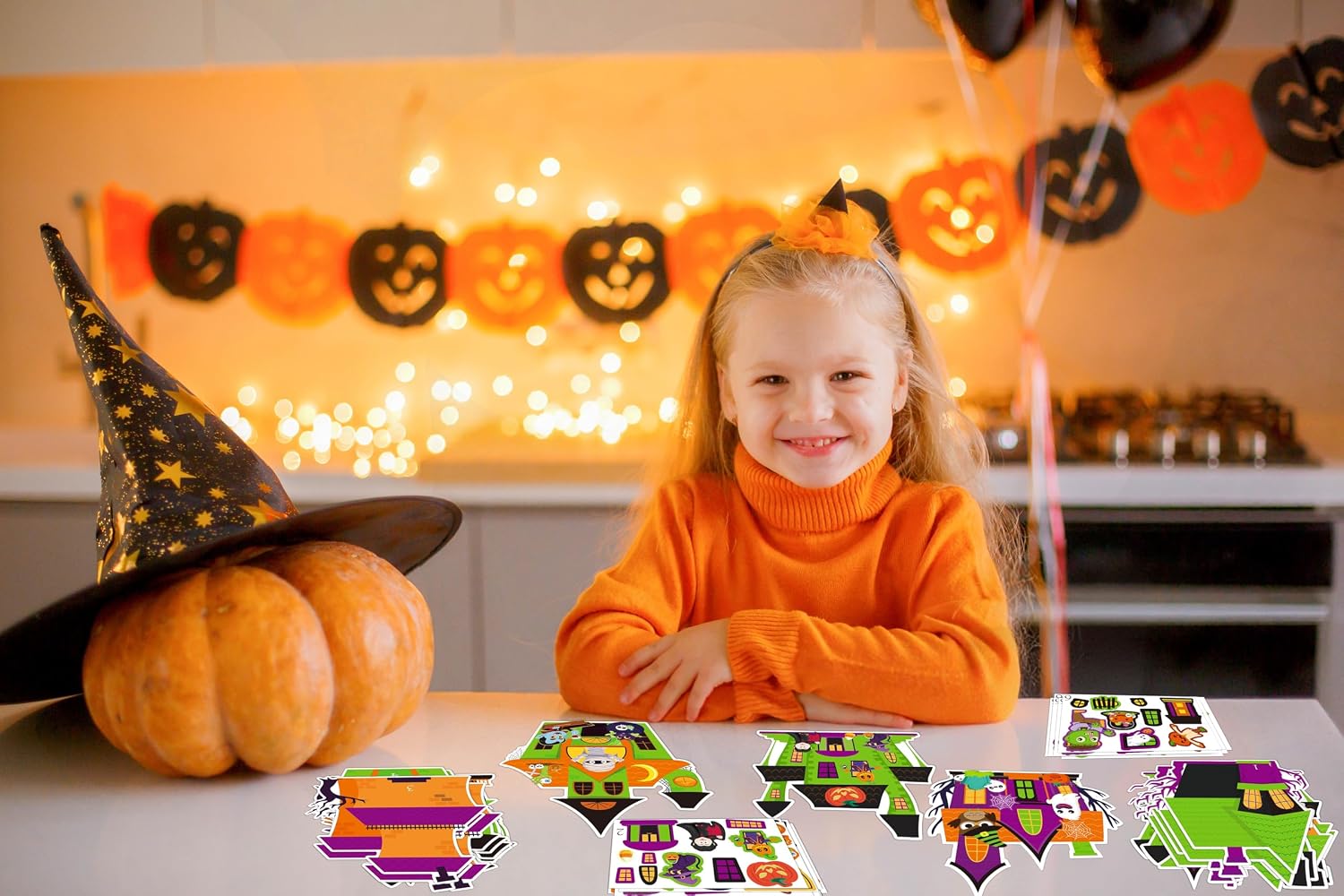 Moon Boat 60pcs Halloween Crafts for Kids – Haunted House DIY Kit, Make Your Own Scene with Pumpkins Stickers Bulk for Classroom Activities, Party Favors, Games