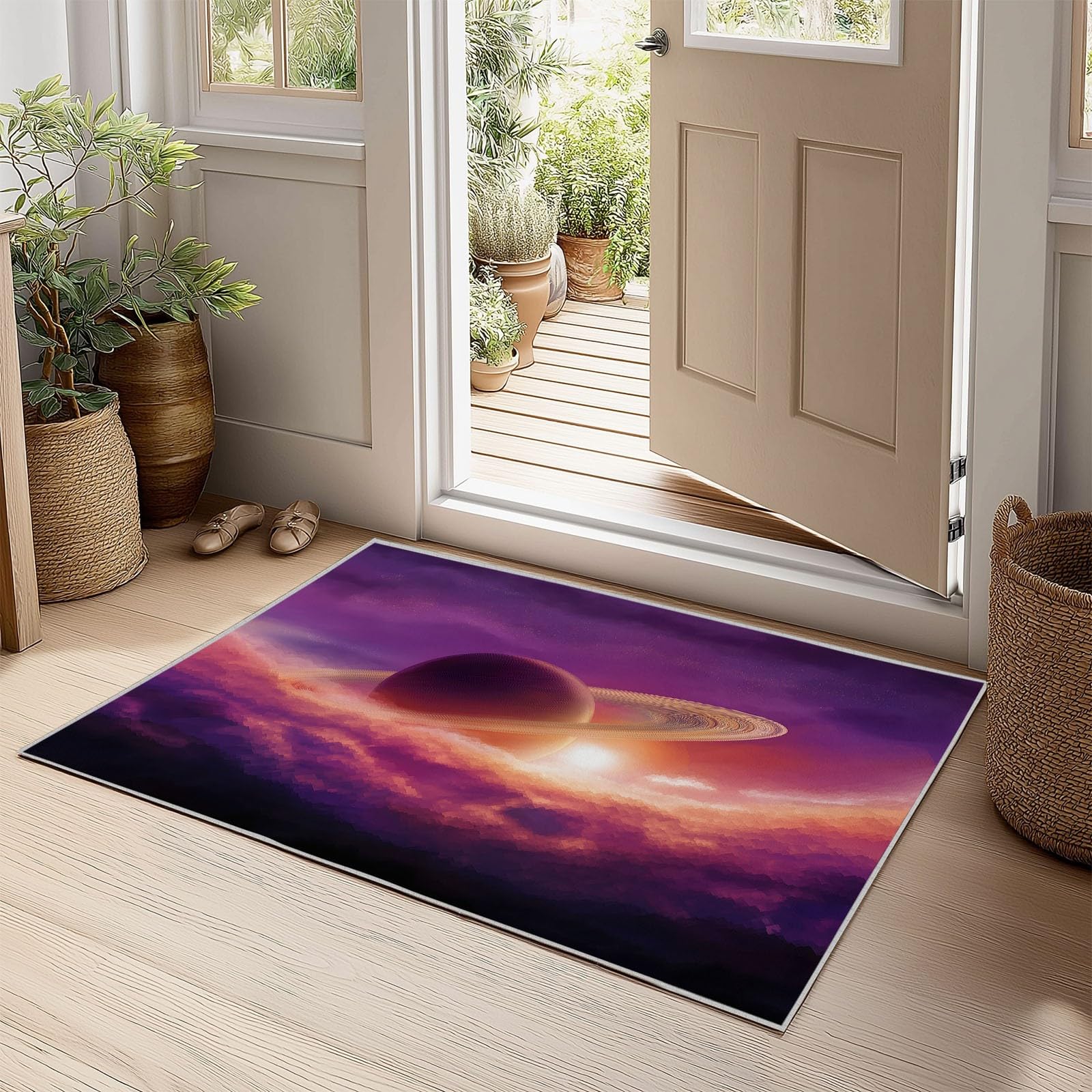 Fioletowy dywan nadający się do prania, 140 x 200 cm, dywan z nadrukowanym wzorem, bajeczny Galaxy Saturn, antypoślizgowy spód do salonu i sypialni