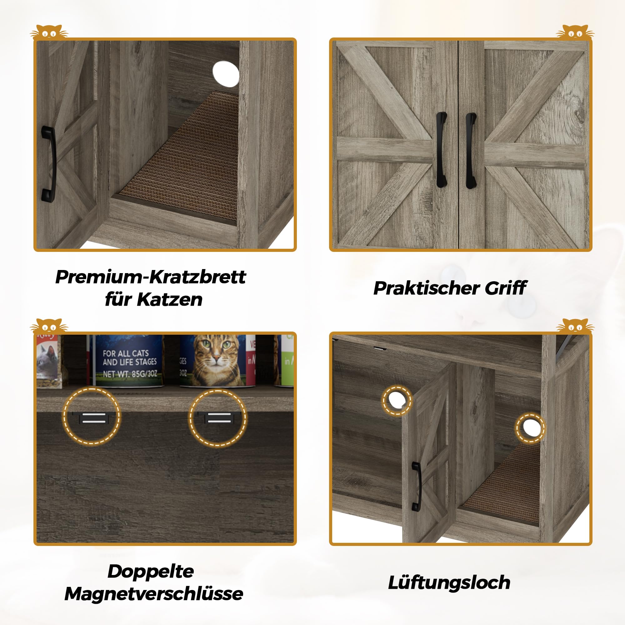BonVache Katzenklo Schrank, Katzenhaus Holz, Katzenschrank mit Tür, Versteckte Katzentoilette mit Kratzmatte für Katzen, Beistelltisch, 79 x 43 x 72.5 cm, Grau