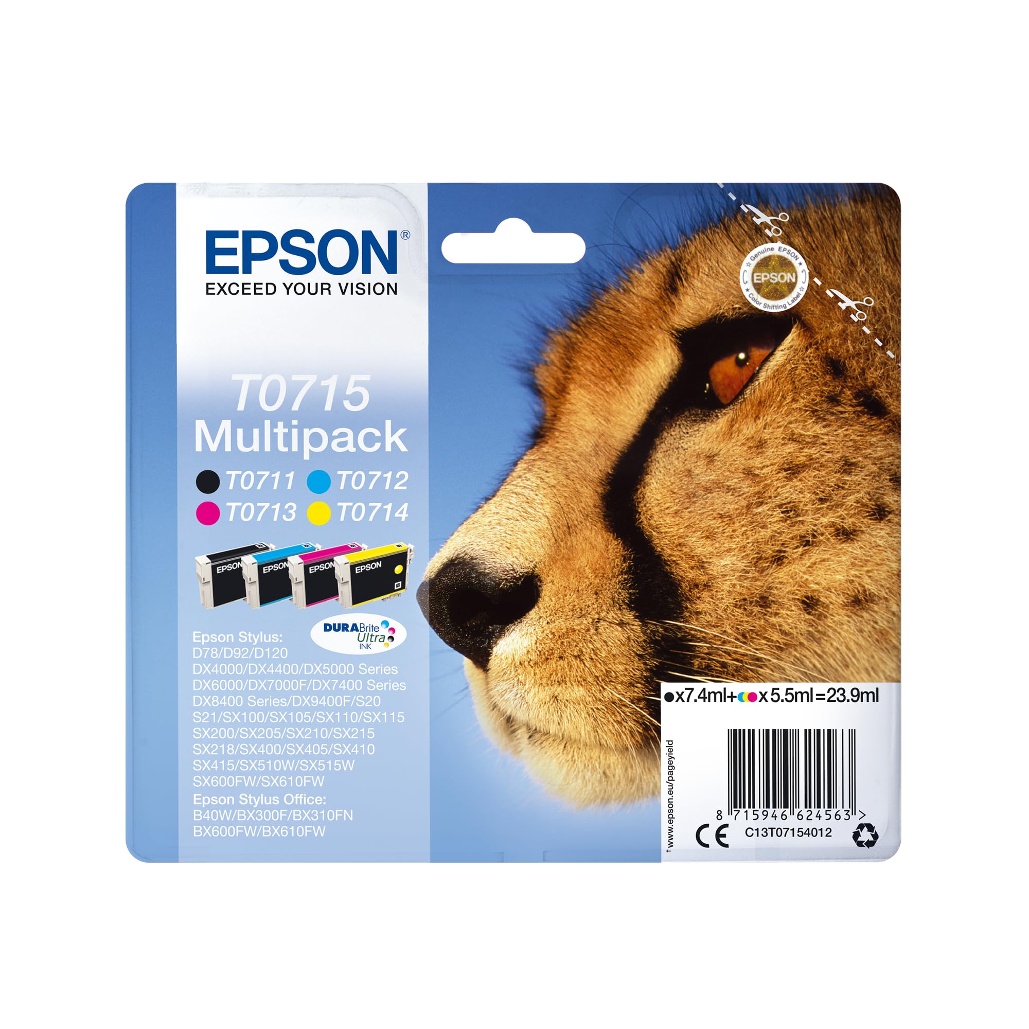 Epson T0715 Cheetah Genuine Multipack, 4-colours Ink Cartridges, DURABrite Ultra Ink,Black/Cyan/Magenta/Yellow