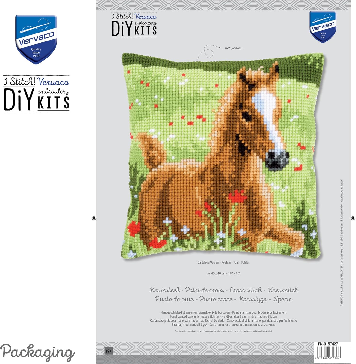 Vervaco Cross Stitch Kit: Cushion: Foal, Cotton, Multicoloured, 40 x 40 x 0,3 cm
