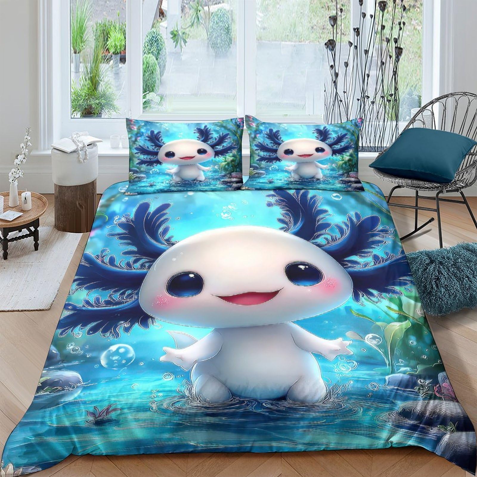 Ctjqhvkz Style-10 3D Printed Cute Axolotl Fitted Sheet Microfiber Soft Blue Fantasy Forest Bed Cover For Bedroom Guest Room Decor Single（135X200cm）