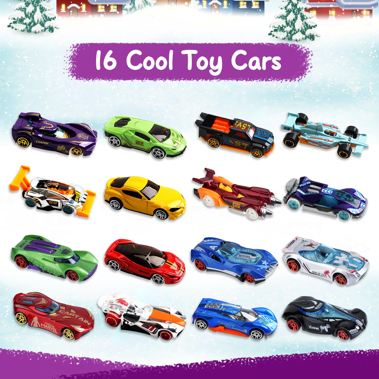 Calendario Avvento 2025, Calendario dell'Avvento per Bambini 3-12 Anni, Calendario per il Conto alla Rovescia di 24 Giorni Natale Regalo con 16 Macchinine, Mappa e 6 Personaggi dei Cartoni Animati