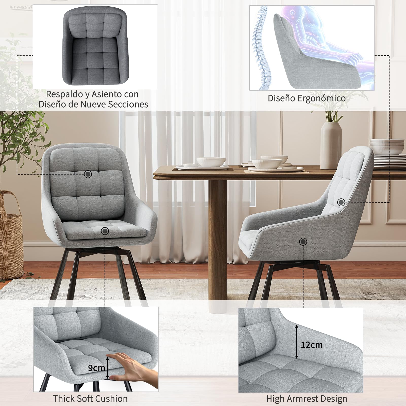 JIJIAN Juego de 4 Sillas de Comedor Giratorias 360° con Reposabrazos, Silla Acolchada con Patas Metálicas, para Salón, Cocina, Dormitorio y Estudio, Gris Claro