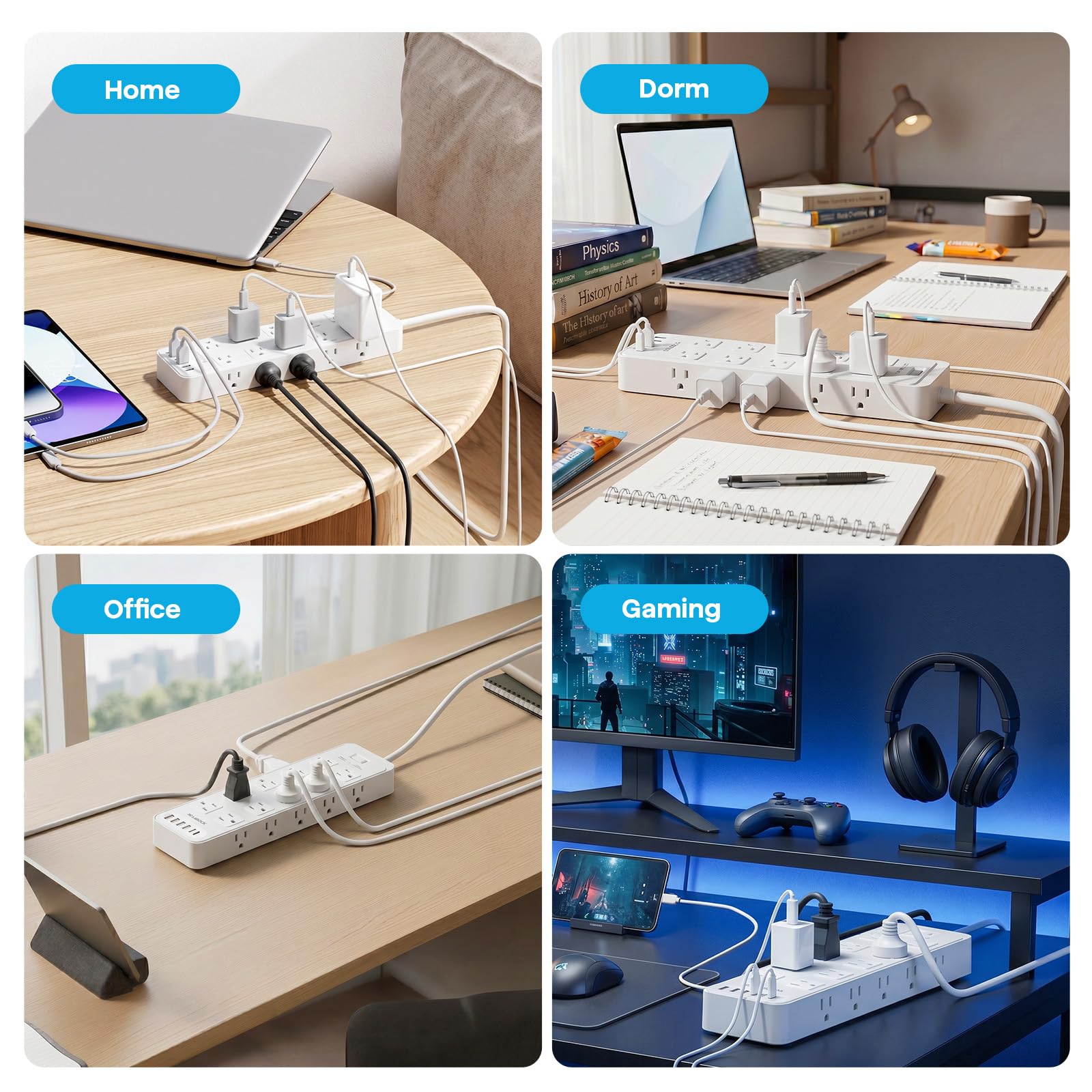 Steckdosenleiste mit Überspannungsschutz für Flachstecker mit 20 AC-Steckdosen, 6 USB-Anschlüsse, 1875W/15A, 2700J, 3.0 m Heavy Duty Verlängerungskabel für Zuhause