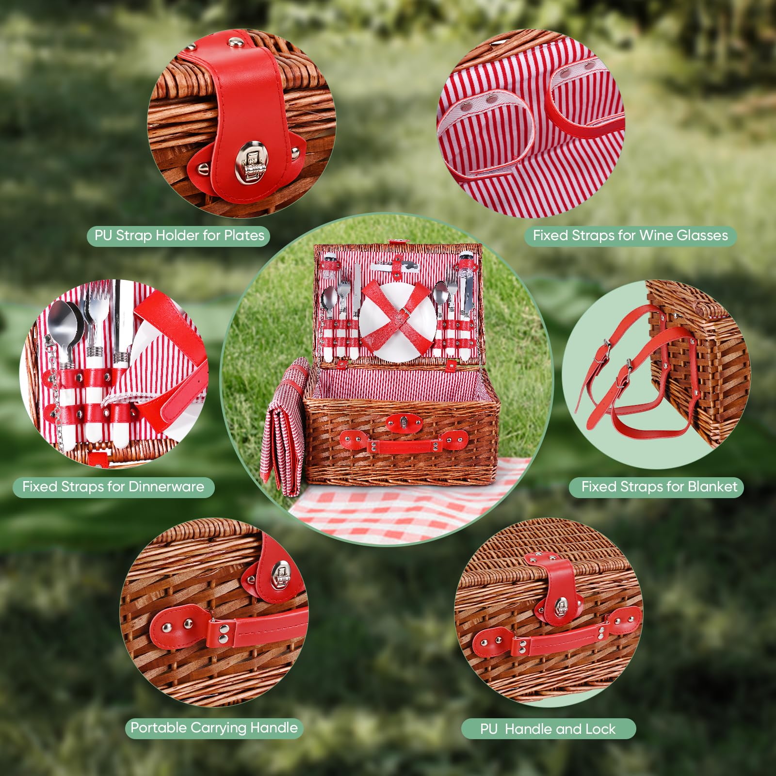 Cestino Da Picnic In Vimini Per 4 Persone - Con Coperta Impermeabile E Set Posate | Ideale Per Scampagnate - Foto 3