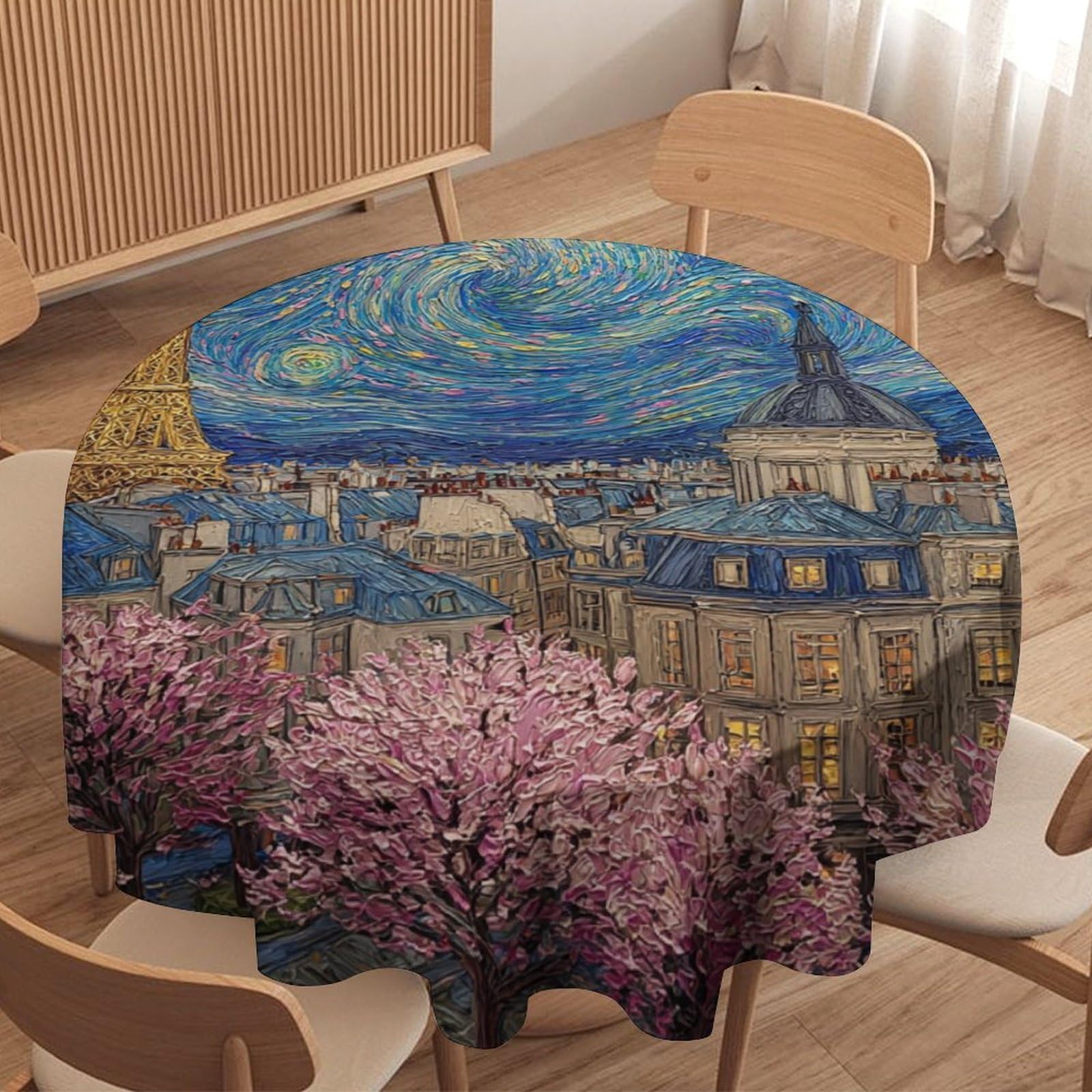 LUYYSKY Colorful Realistic Eiffel Tower Waterproof Round Tablecloth Vintage Classic Starry Sky Galaxy Paris Tower Cherry Blossom Trees Washable Table Cover for Kitchen-177.8" Wx177.8 L cm
