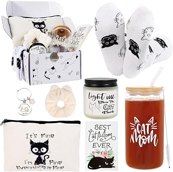 LiYiQ Cat Lover Gifts for Women - Cat Mom Gifts, Crazy Cat Lady Essentials Makeup Bag, Socks, Scrunchies, Greeting Cards - Perfect for Birthdays & Mothers Day