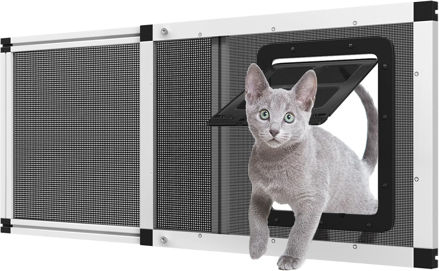 Ventilated Pet Door for Window, Fits 32"-39" Width Window, 2-Min Install | Aluminum Frame + Stainless Steel Mesh | Breathable Bug-Proof | Magnetic Closure Window Cat Door, Cat Door for Window Insert White 32''-39''W × 15''H