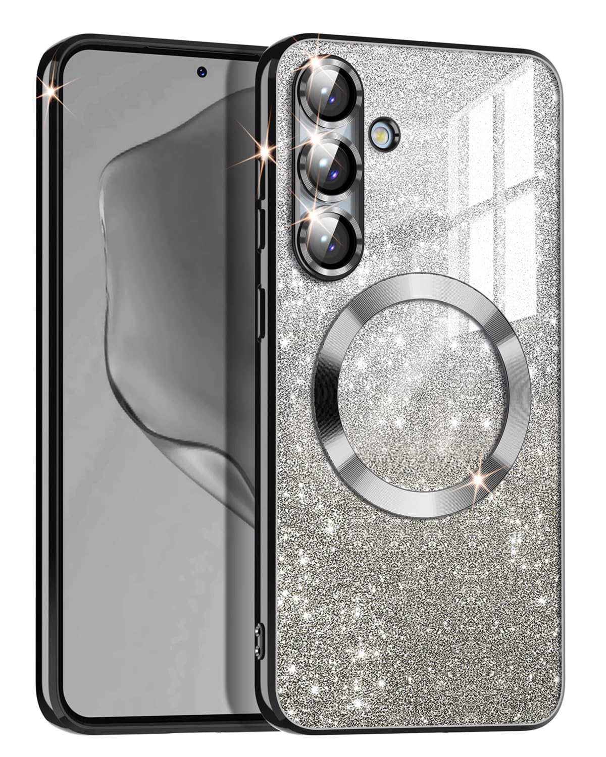 Casetego for Galaxy S25 5G Case,Compatible with MagSafe,Clear Magnetic Glitter Gradient Sparkle Luxury Plated Soft TPU Bumper Full Camera Lens