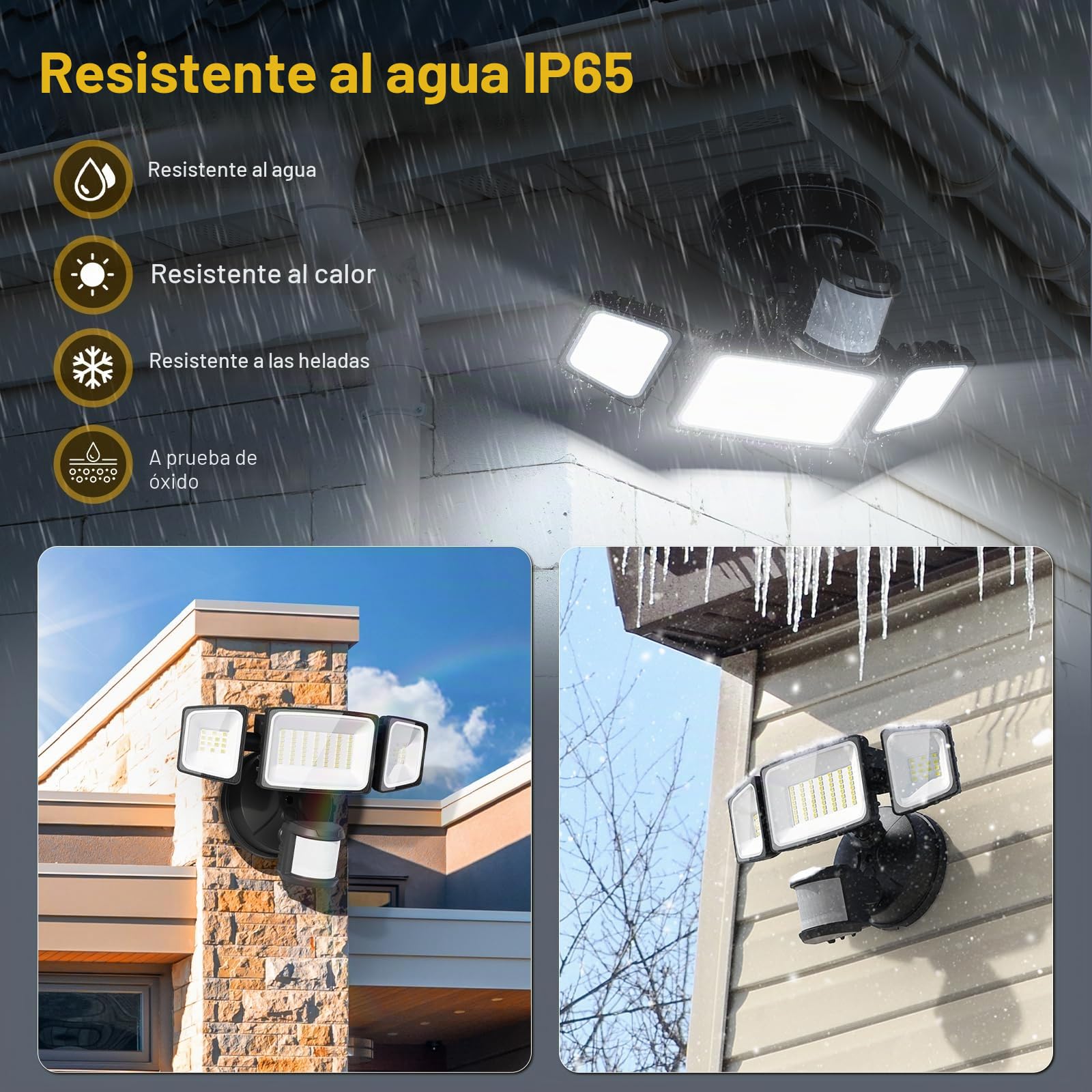 Onforu 42W Foco LED Exterior con Sensor Movimiento, 3 Cabezas 3900 LM Foco Exterior LED, IP65 luces de inundación al aire libre de luz del sensor, 6500 K Blanco Frío para Jardín, Patio, Garaje,