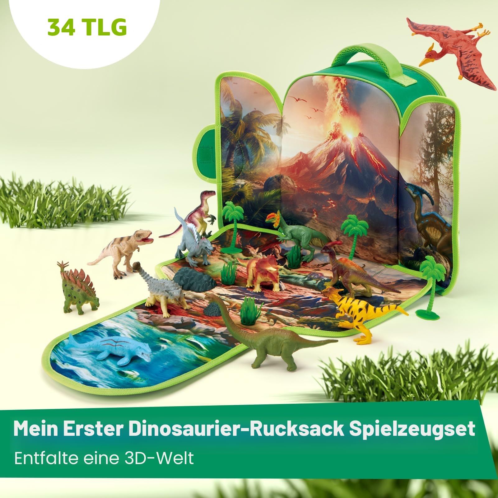 COCO&Friends Dinosaurier Spielzeug für Kinder 3 4 5 6 Jahre Junge, Geburtstagen Weihnachten Geschenk Spielzeug, 12 Dinosaurier Statuen und Lernkarten,Tragbarer Rucksack mit Faltbarer 3D-Spielmatte