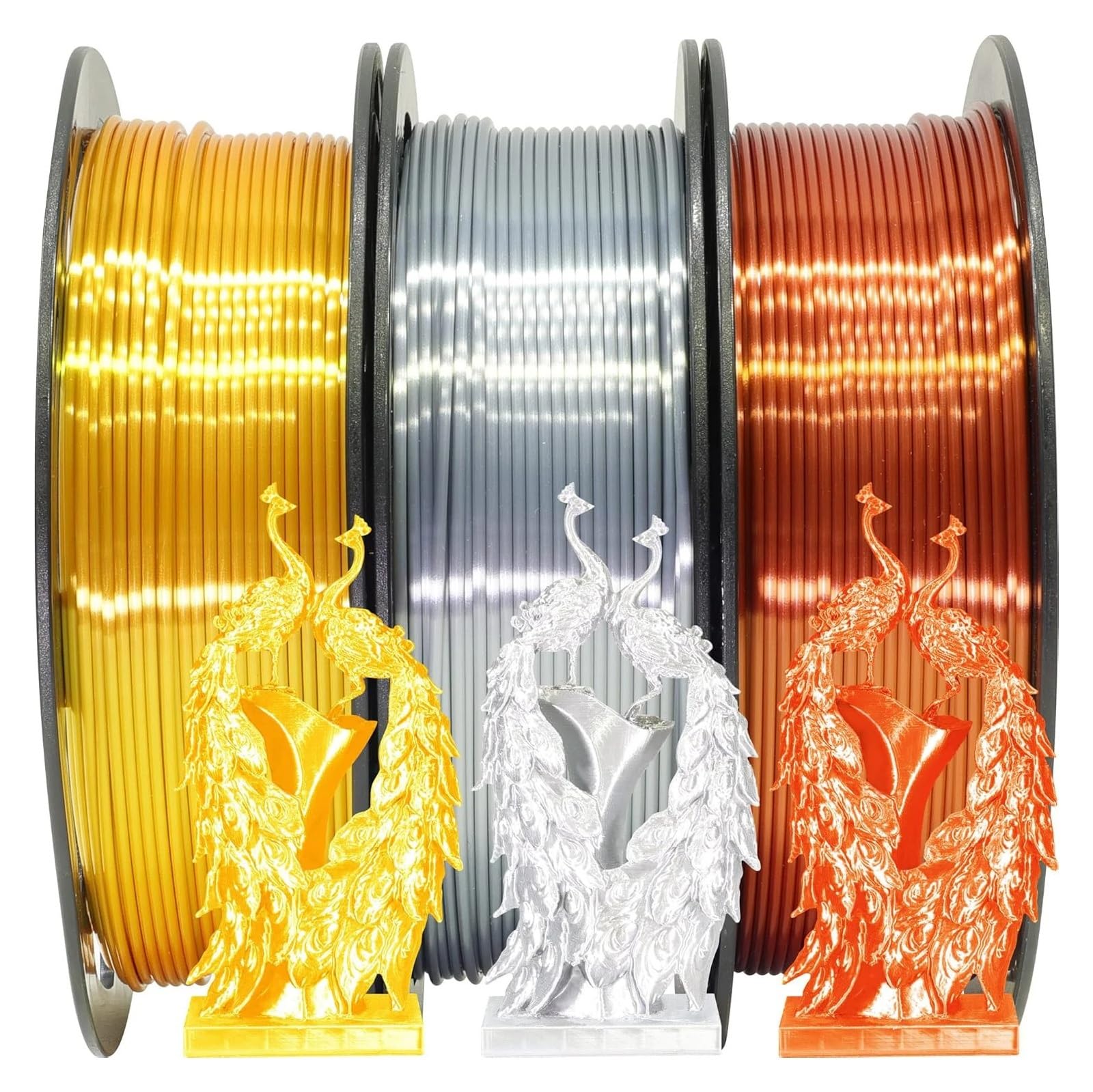 Paquete de filamento PLA de seda brillante, dorado, plateado y cobre, 1,75 mm, for impresora 3D (0,25 kg por bobina)