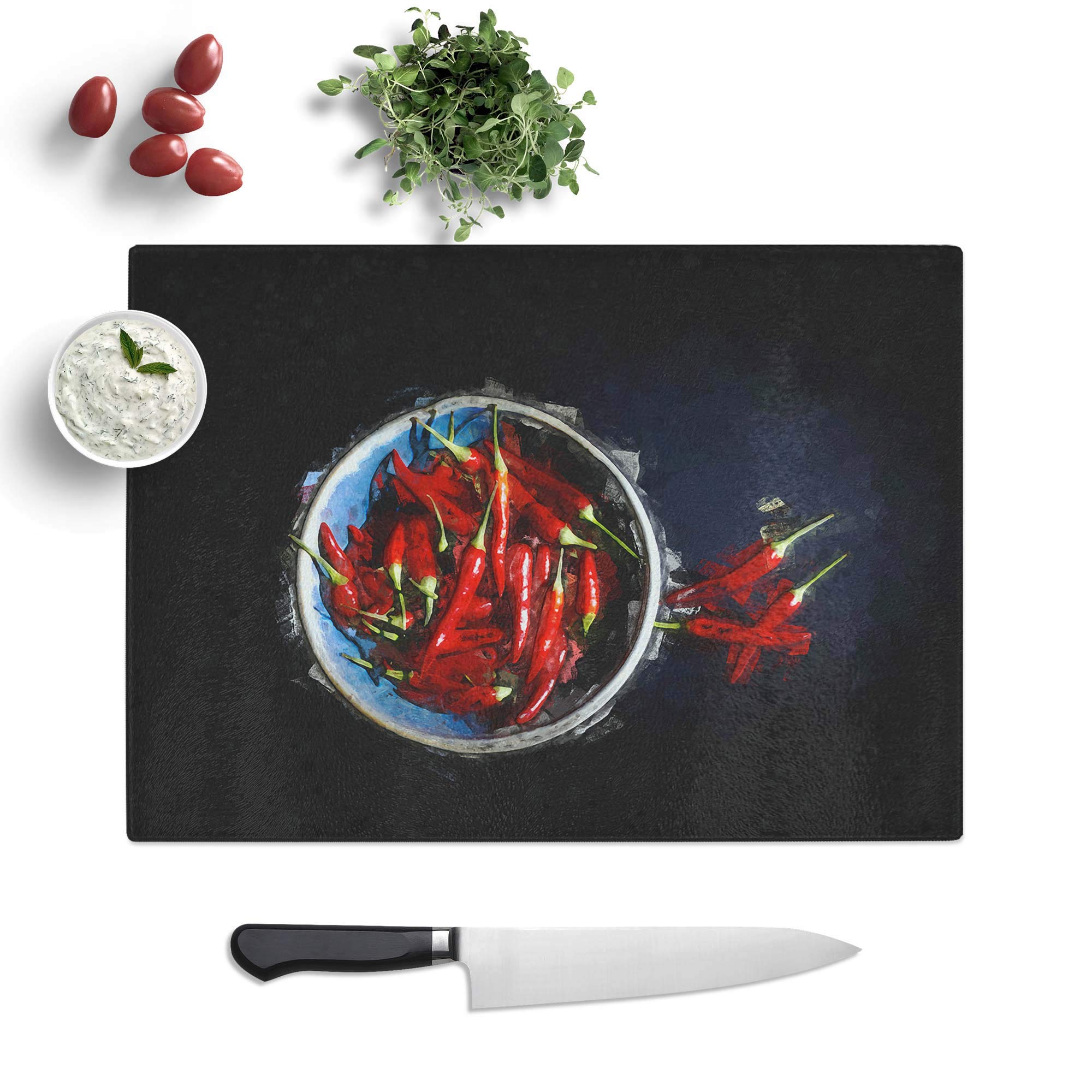 Glass Chopping Board - Red Chilli's in a Bowl in Abstract - Textured Worktop Saver Cutting Board - Heat Resistant, Shatterproof and Hygenic - 39 x 28.5 cm