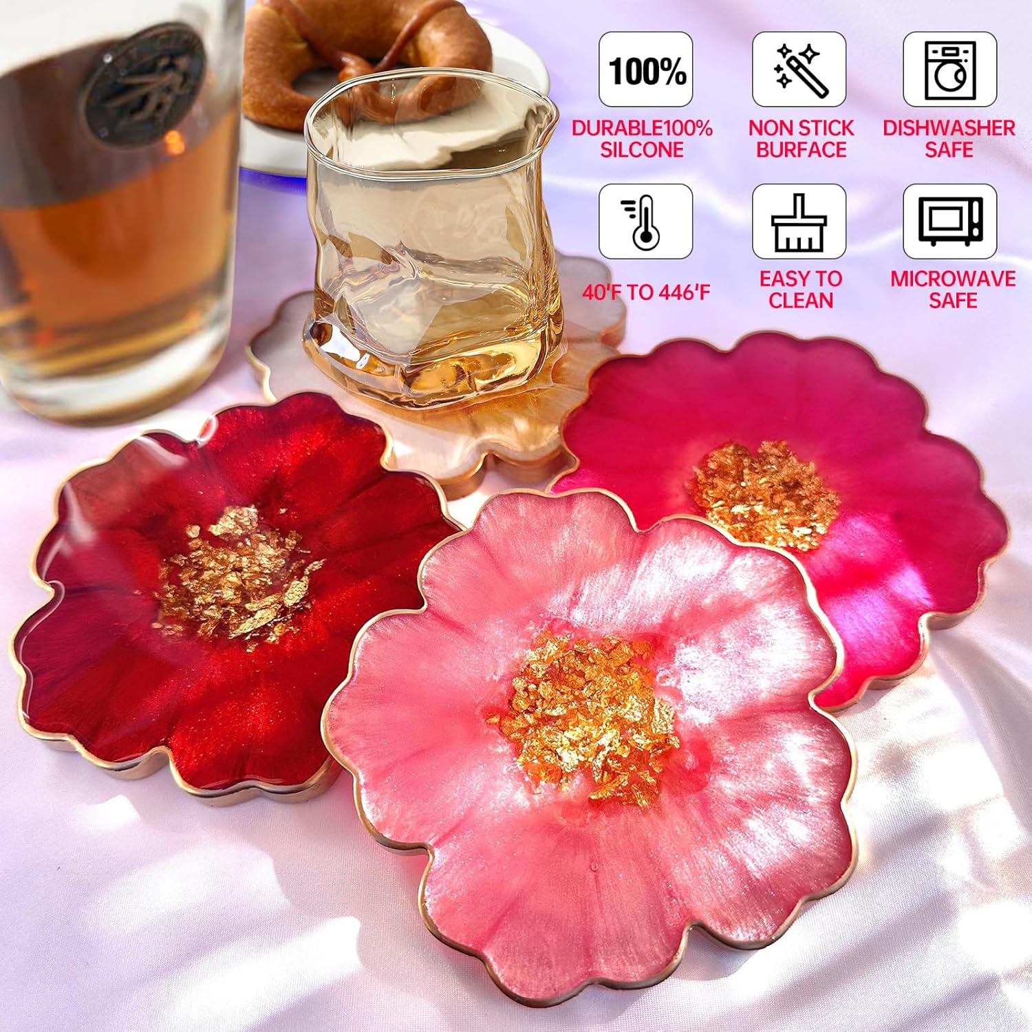 4 Pack 3.34 inches Flower Coaster Molds Coaster for Epoxy Resin Agate Coaster Cup Mat Molds for Resin Casting Silicone Molds for Making DIY Craft