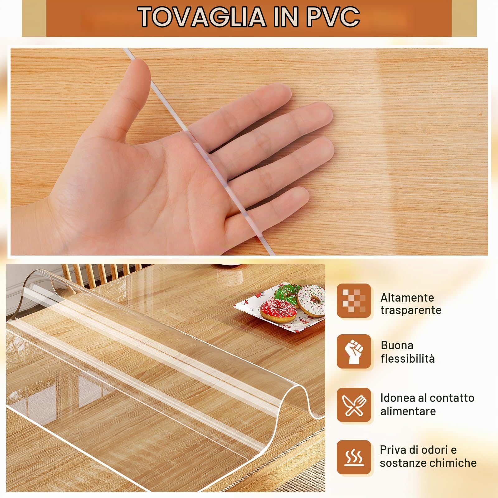 WOLTU Tovaglia PVC trasparente bordi smussati, Spessore 2 mm, 90 x 160 cm | Copritavolo rettangolare in PVC, impermeabile, ideale per cucina
