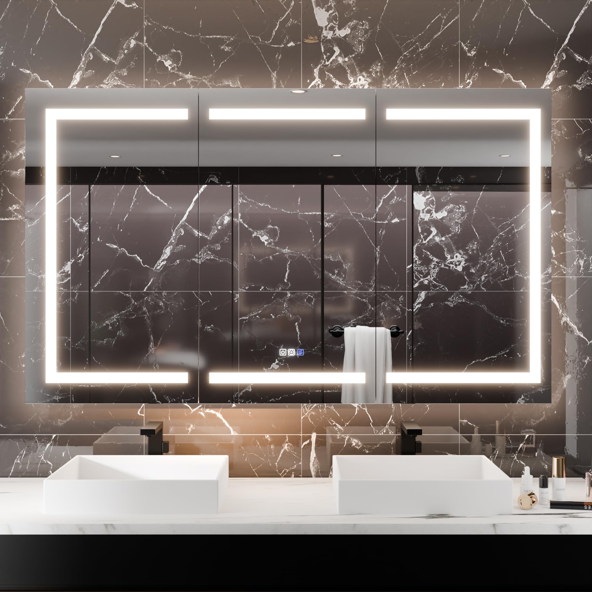 WELERONY Smart Lighted Medicine Cabinet with Mirror, 66" x 36" LED Medicine Cabinet Mirror for Bathroom with Built-in High-Power Outlet, Stepless