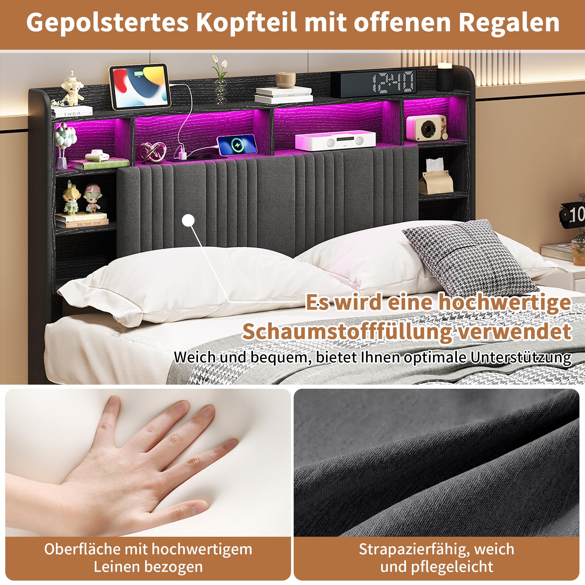 BRILVERDE Łóżko tapicerowane 160 x 200 cm, z miejscem do przechowywania, łóżko młodzieżowe z diodami LED/USB, łóżko podwójne, pudełko do przechowywania, rama łóżka z zagłówkiem i stelażem, lniane