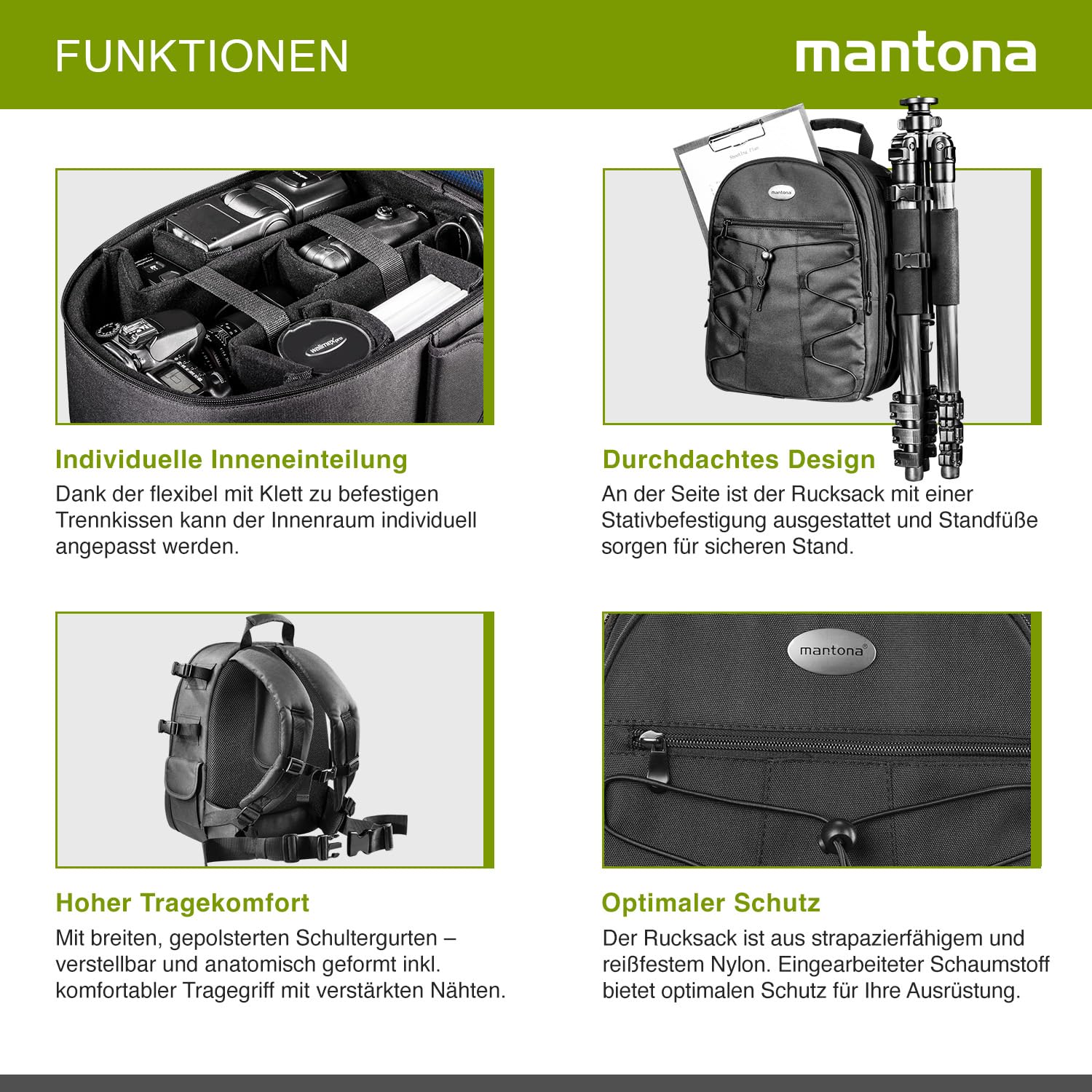 Mantona Azurit Sac à Dos Photo Noir pour Appareil DSLR/DSLM Capacité 5 Objectifs & Divers Accessoires avec Fixation pour trépied Pieds stabilisateurs Poignée renforcée Bretelles Transport Confort