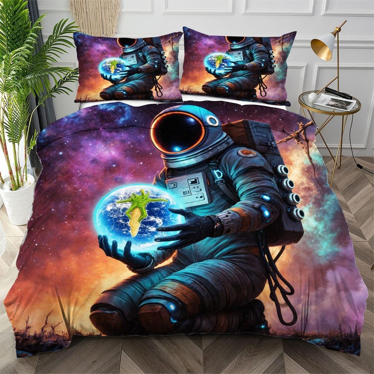 Housse de couette 160x200 astronaute violet avec 2 taies 65x65