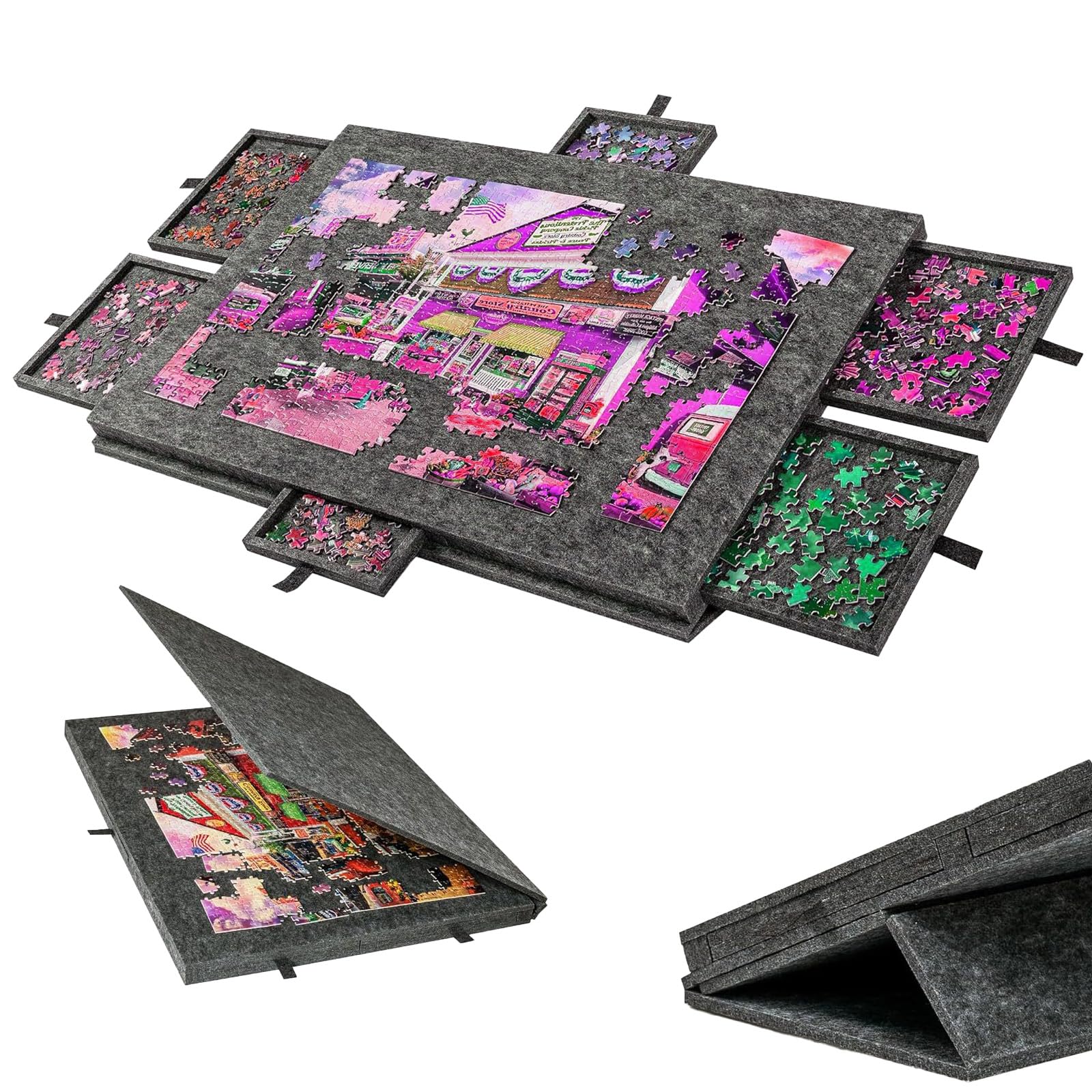 Składana deska do puzzli, 1500 elementów, przenośna deska do puzzli z 6 szufladami, pokrywa 2 w 1 i stojak na puzzle, puzzle puzzle, stół do puzzli, akcesoria do 1500 elementów (czarna)