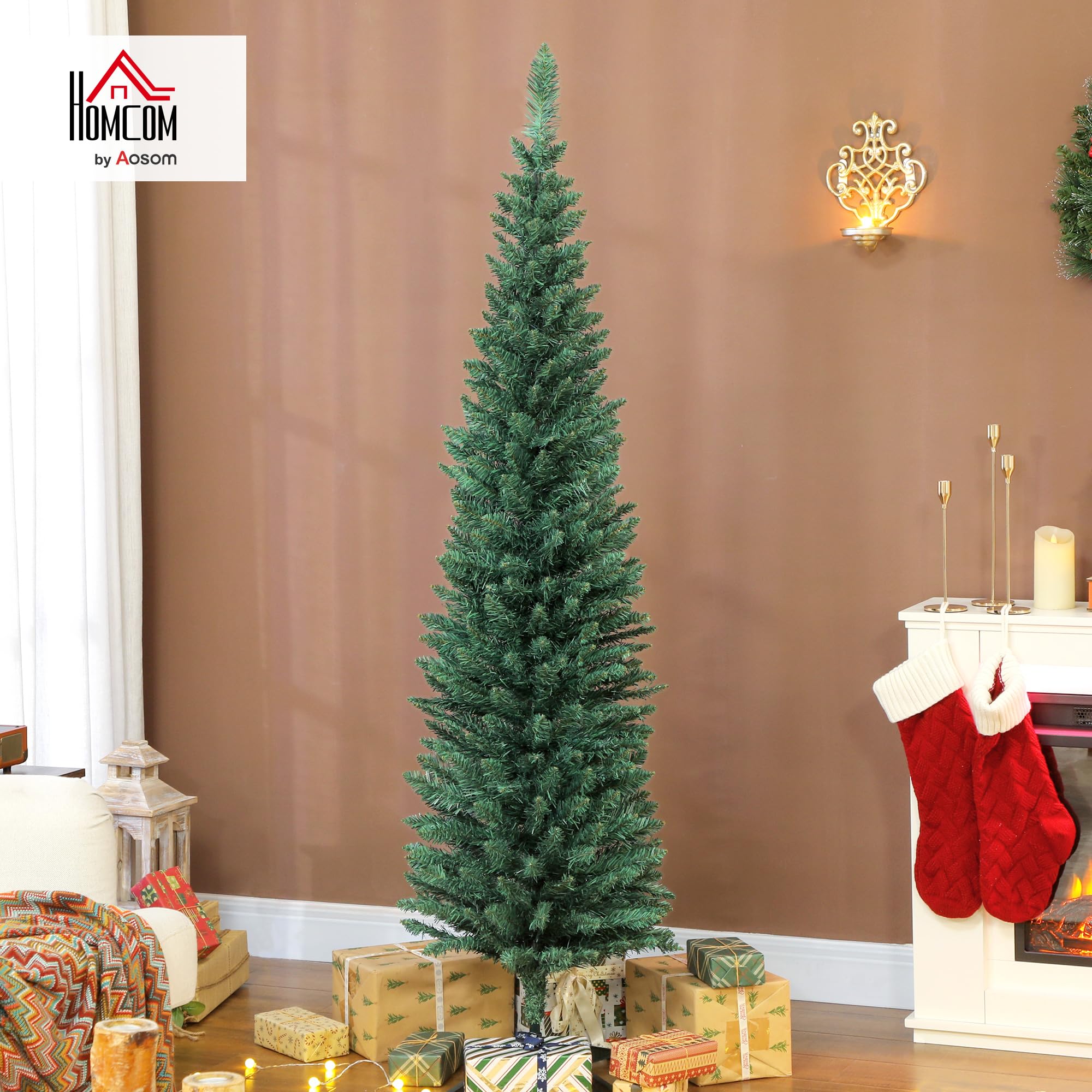 HOMCOM Árbol de Navidad Estrecho 180 cm, Árbol de Navidad Artificial con 321 Ramas, Soporte Metálico, Fácil de Montar, Decoración para Interior, Hogar, Oficina, Verde