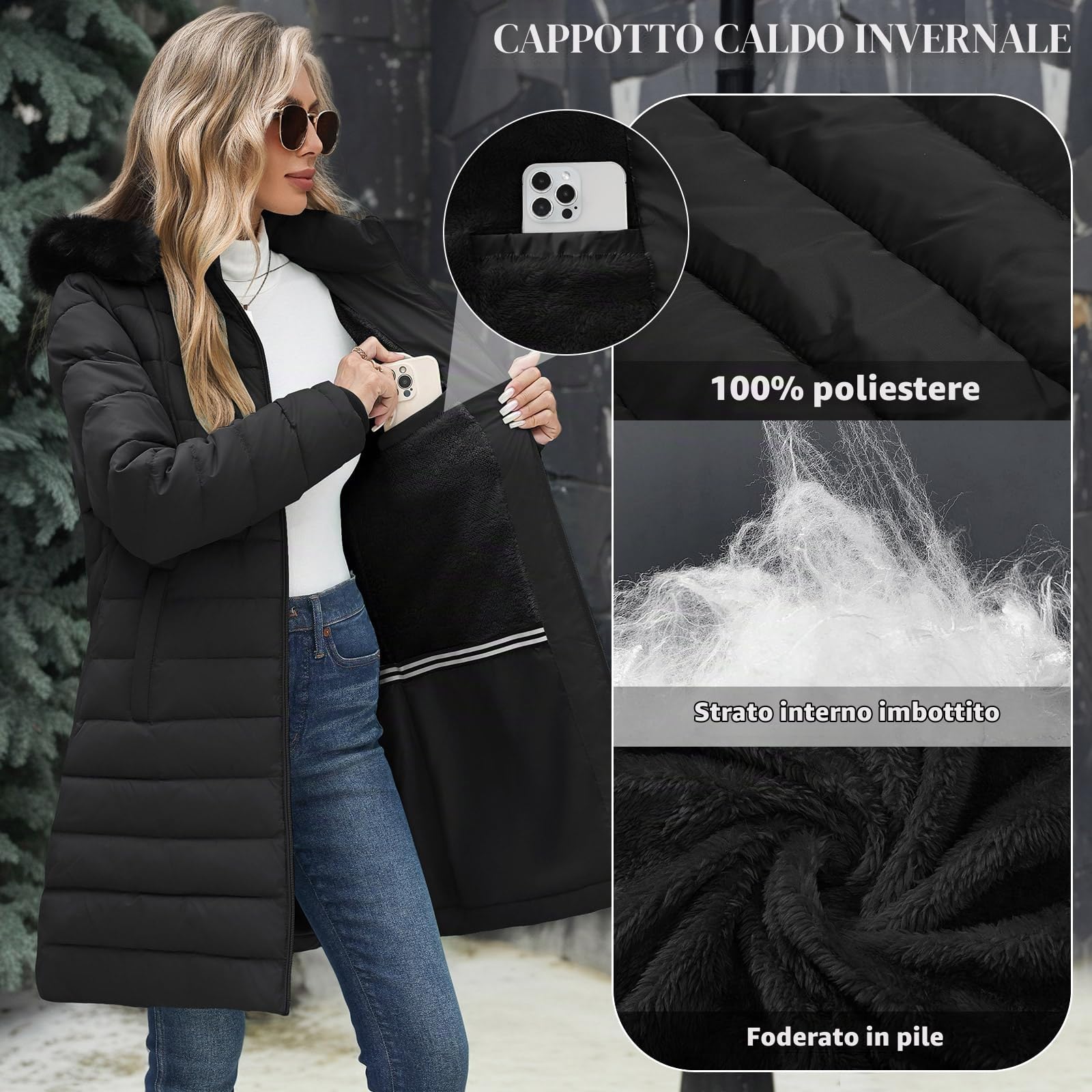 Cappotto Donna Invernale Lungo Elegante Giacca con Cappuccio Caldo Parka Autunno Invernali Giubbino Imbottito Giubbotto Casual Giacca Pile Outwear con Tasche Cappuccio Rimovibile in Pelliccia