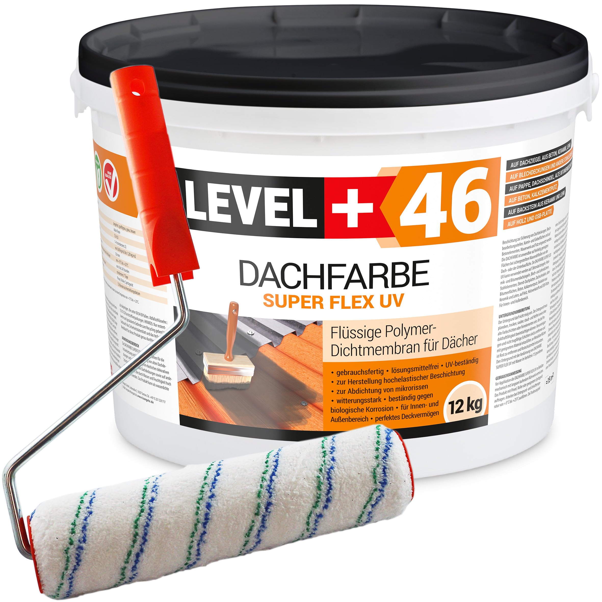 Dachfarbe 12kg Braun, Sockelfarbe, Dachlack, Dachsanierung, Flexibler Polymermembran Wetterbeständig + Farbroller 25cm Mikrofaser mit Bügel Set RM46