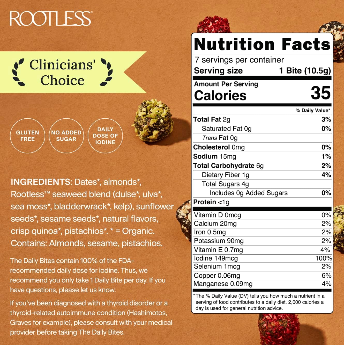 Rootless Seaweed Daily Bites – Orange Pistachio – 1 Month Supply for Hormone & Thyroid Health | 100% Daily Iodine, Whole Food Ingredients, No Added Sugar (4 Pack)