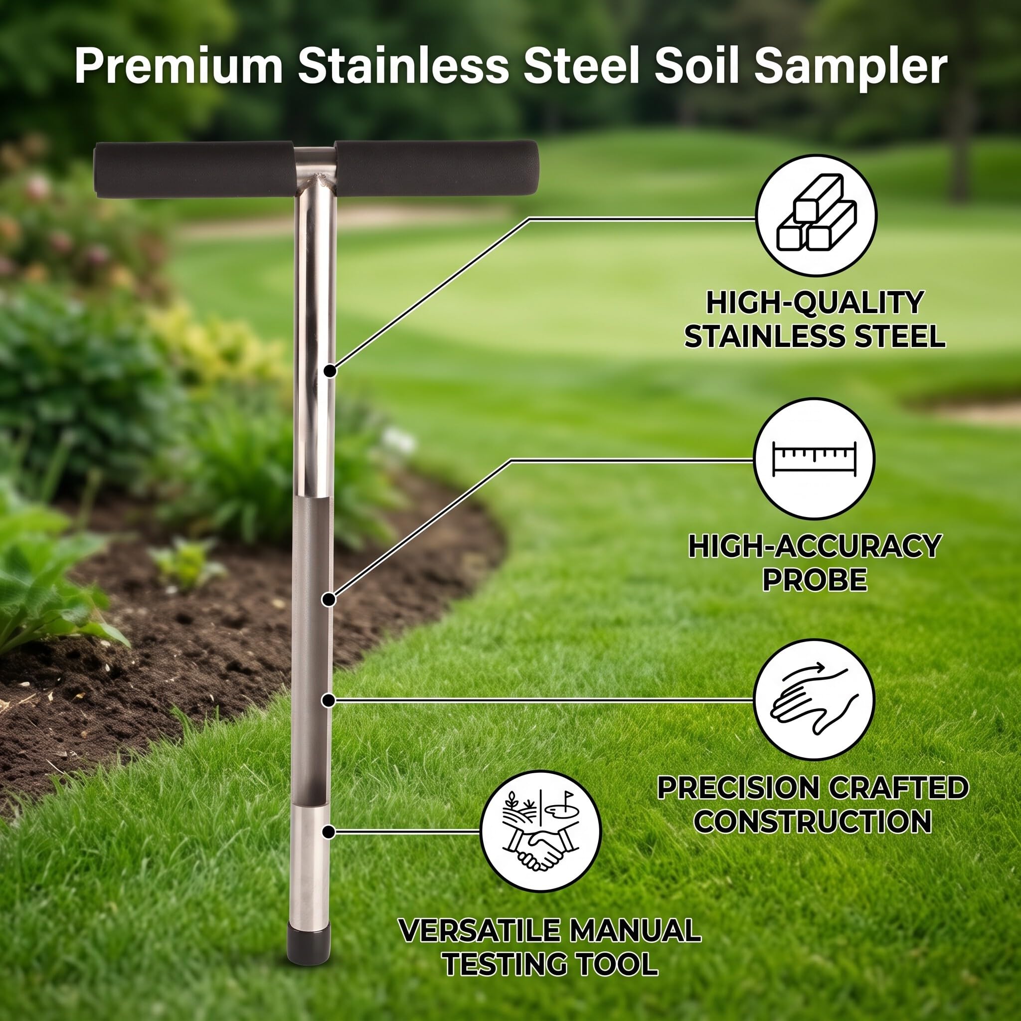 Wakects Soil Sampler Sonde 51 cm, Edelstahl-Bodenprobe, T-Style Griff, Sampler für Bodensonde für Golfschläger