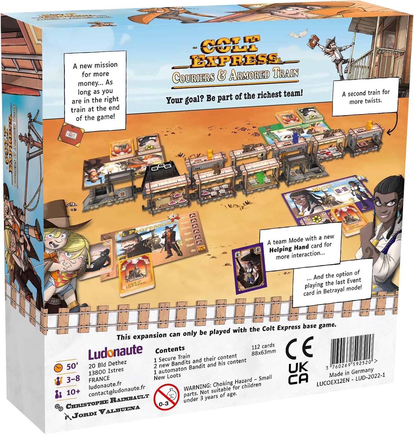Colt Express Couriers & Armored Train Board Game Expansion | Train Strategy Game | Wild West Adventure Game for Kids and Adults | Ages 10+ | 3-8 Players | Avg. Playtime 50 Minutes | Made by Ludonaute