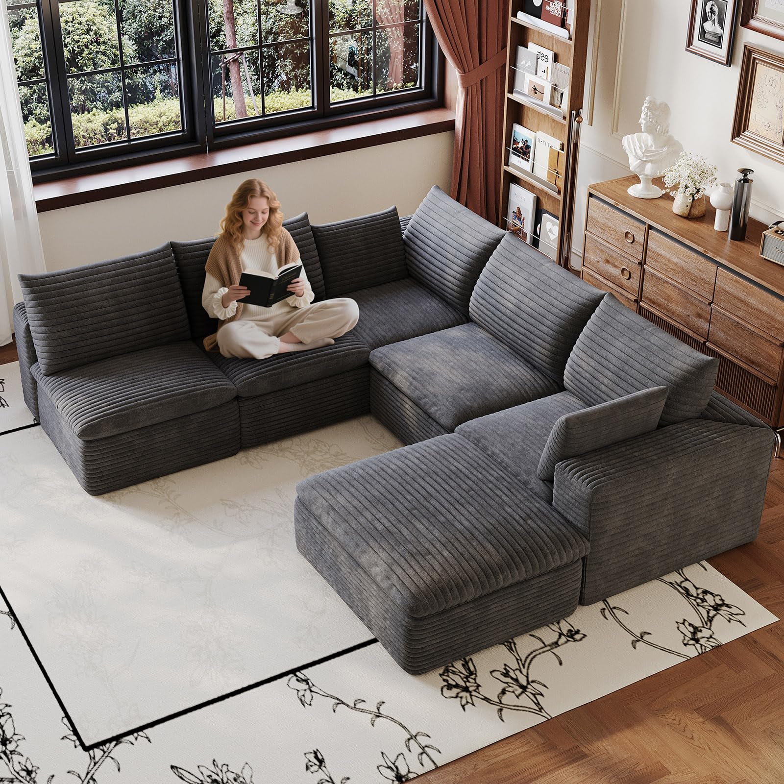 103" Cloud Couch Modular Sectional Sofa for Living Room, U-Shape Boneless Couch with Deep Seat, Modern Corduroy 5-Seater with Ottoman, No Assembly Required, Dark Grey