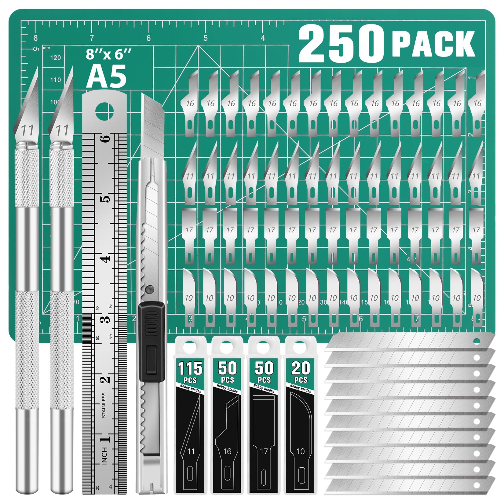 DIYSELF 250 Pcs Exacto Knife, Craft Knife, Hobby Knife, Precision Knife, Exacto Knife for Crafts, Modeling, Scrapbooking, 2 Exacto Knives with Extra 235 Exacto Blades (#11#10#16#17)