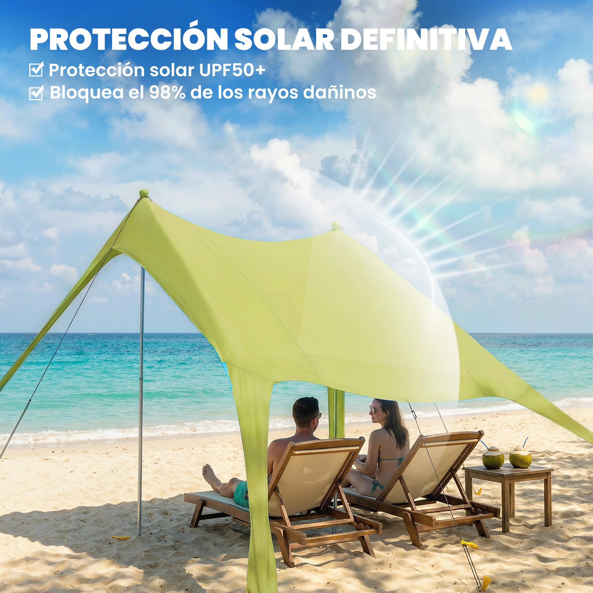 Outsunny Tenda da spiaggia pieghevole 208 x 200 cm, tenda da spiaggia portatile per 2-4 persone con tappetino, UPF50+, pali in alluminio, pala, picchetti e borsa per il trasporto impermeabile, per