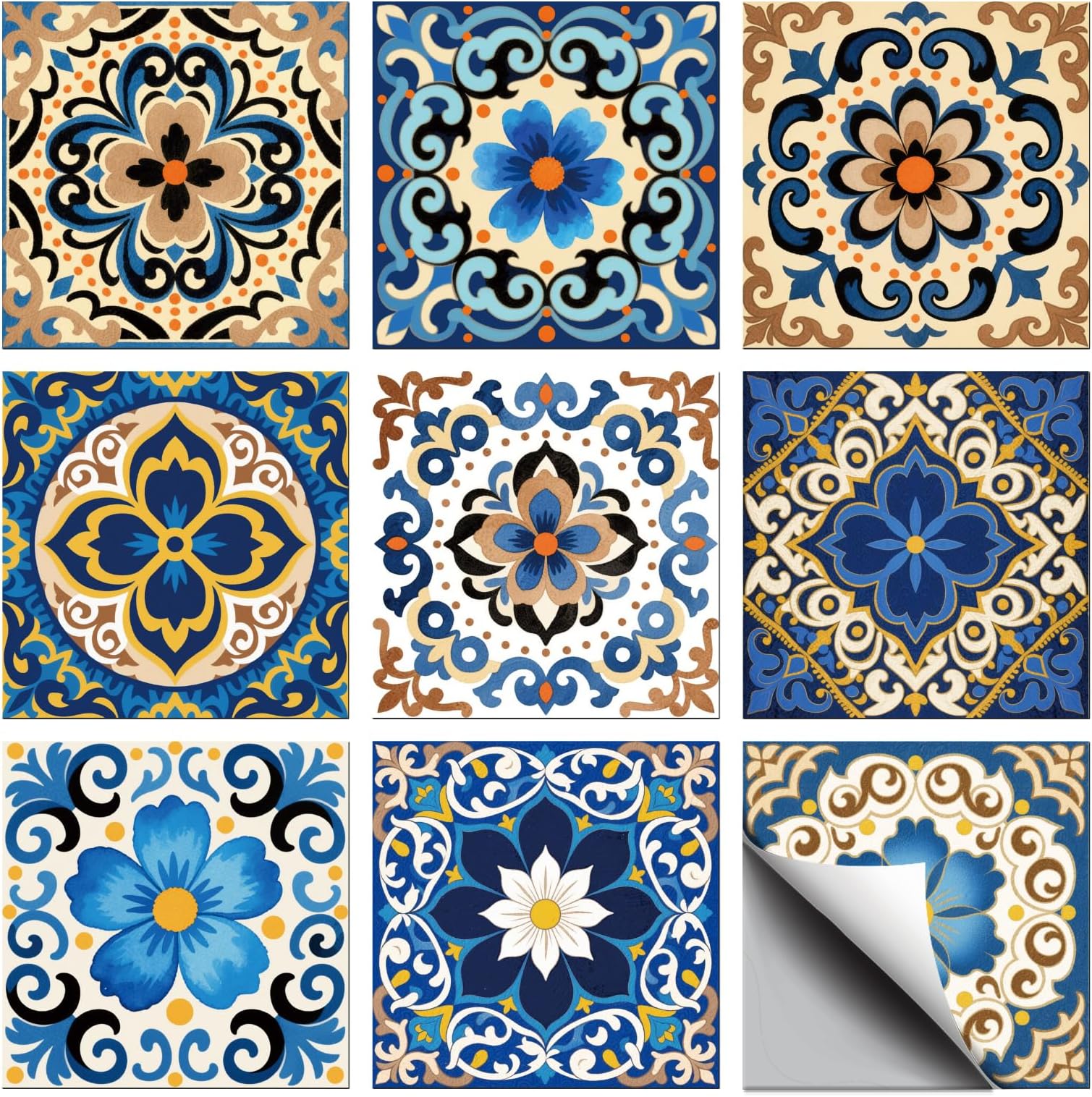 CHGCRAFT 36 Pcs 9 Style Wall Stickers Blue Talavera Mandala Peel and Stick Wall Tile Sticker Geometric Texture Waterproof Self Adhesive Stick on Tile Decals for Kitchen Bathroom Art Decor, 4×4 Inch