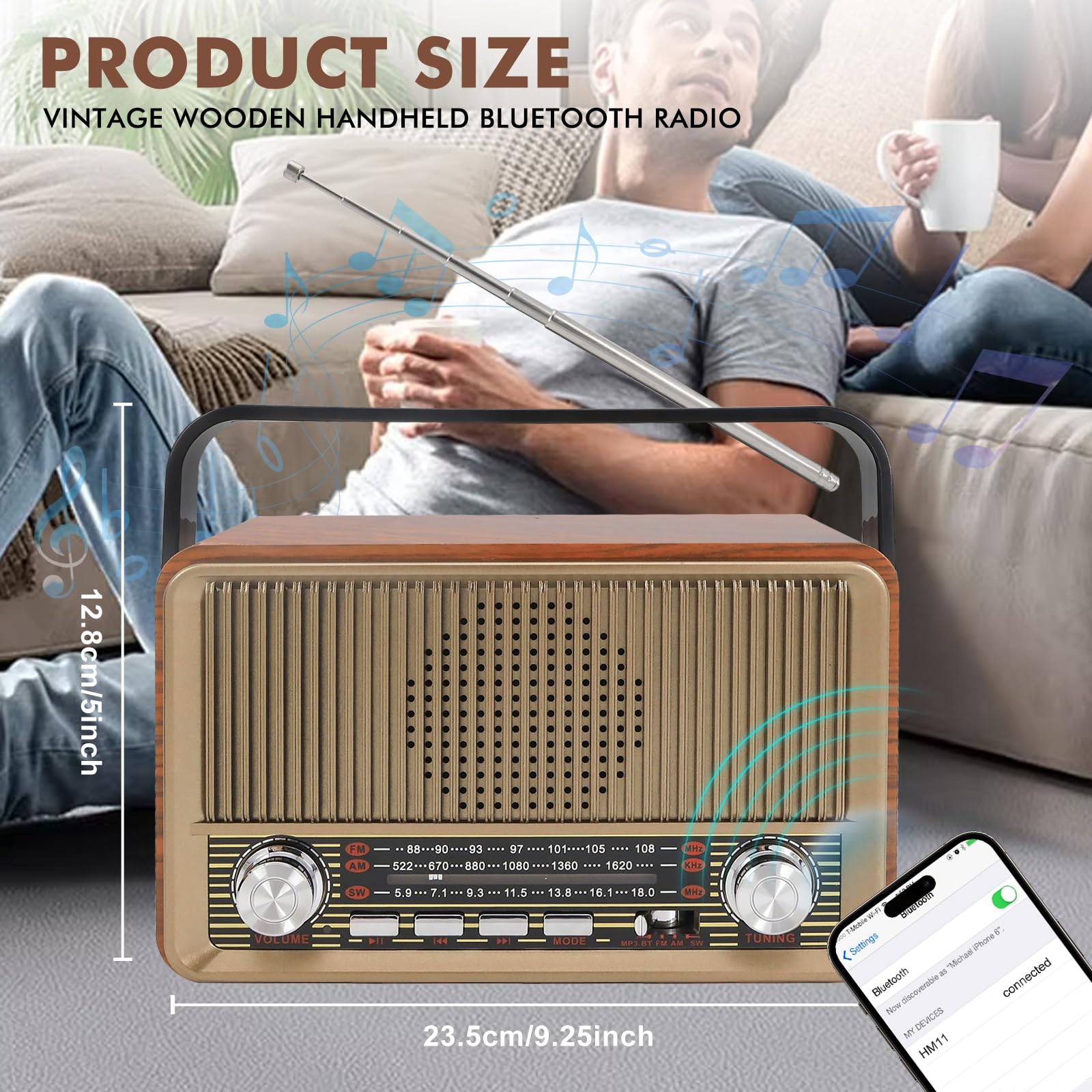 AM/FM/SW Retro Radio mit Bluetooth, Kofferradio mit 1200mAh Akku, Küchenradio Nostalgie Radio Klein, Vintage Radios, Unterstützt USB/TF/AUX Funktion, Einfaches Radios für Zuhause, Büro, Outdoor