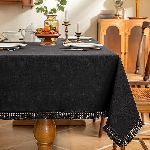 Miniatura 8 de AmHoo - Mantel de lino con borlas y tachuelas rectangular decorativo natural para cocina, comedor, buffet de boda, 55 x 86 pulgadas, marrón