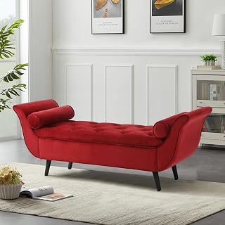 Hdxdkog 65" Velvet Storage Bench for Bedroom End of Bed - Upholstered Rolled Arm Ottoman with Hidden Storage, Button Tufting & 2 Pillows, Wine Red