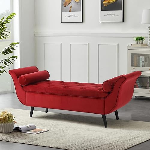 Velvet Storage Bench for Bedroom End of Bed, 65" Upholstered Rolled Armed Button Tufted Stool Bench, Storage Ottoman Long Bench with with 2 Pillows for Entryway (Wine Red)