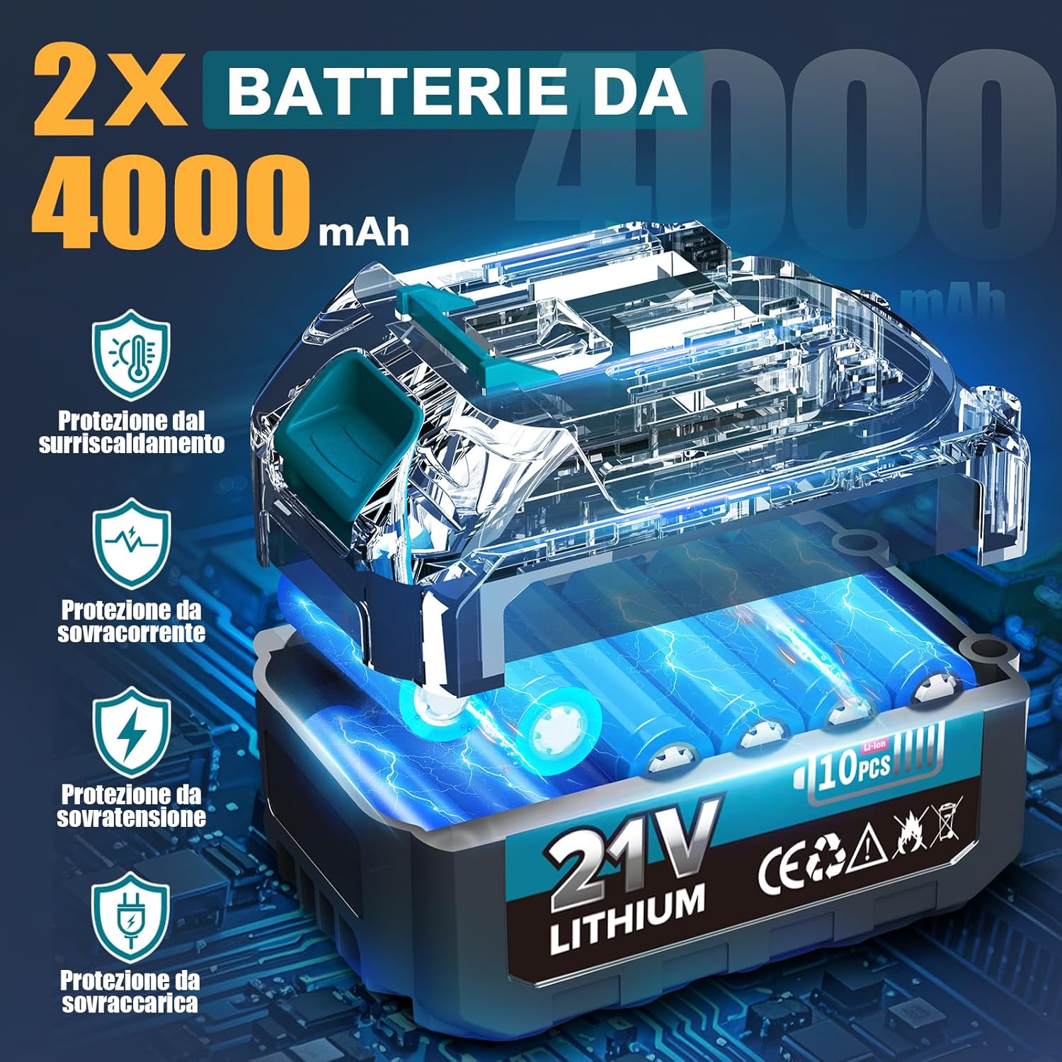 RINOXAR 4000mAh battery with protection features including overheat, overcurrent, overvoltage, and overload protection.