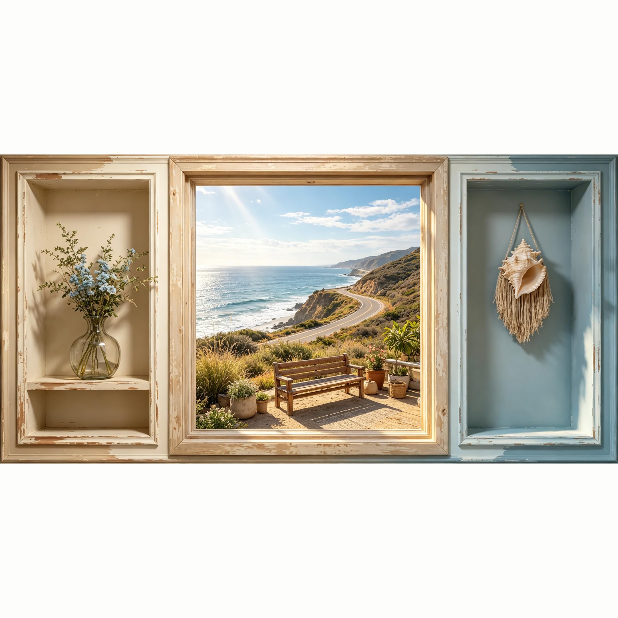 QZLITHOTIC 50x100cm 3D Framed Wall Art， Coastal Seaside Road Landscape Self‑Adhesive Mural， Water‑Activated Peel & Stick Fabric Decor Wall Decal for Bedroom Living Room